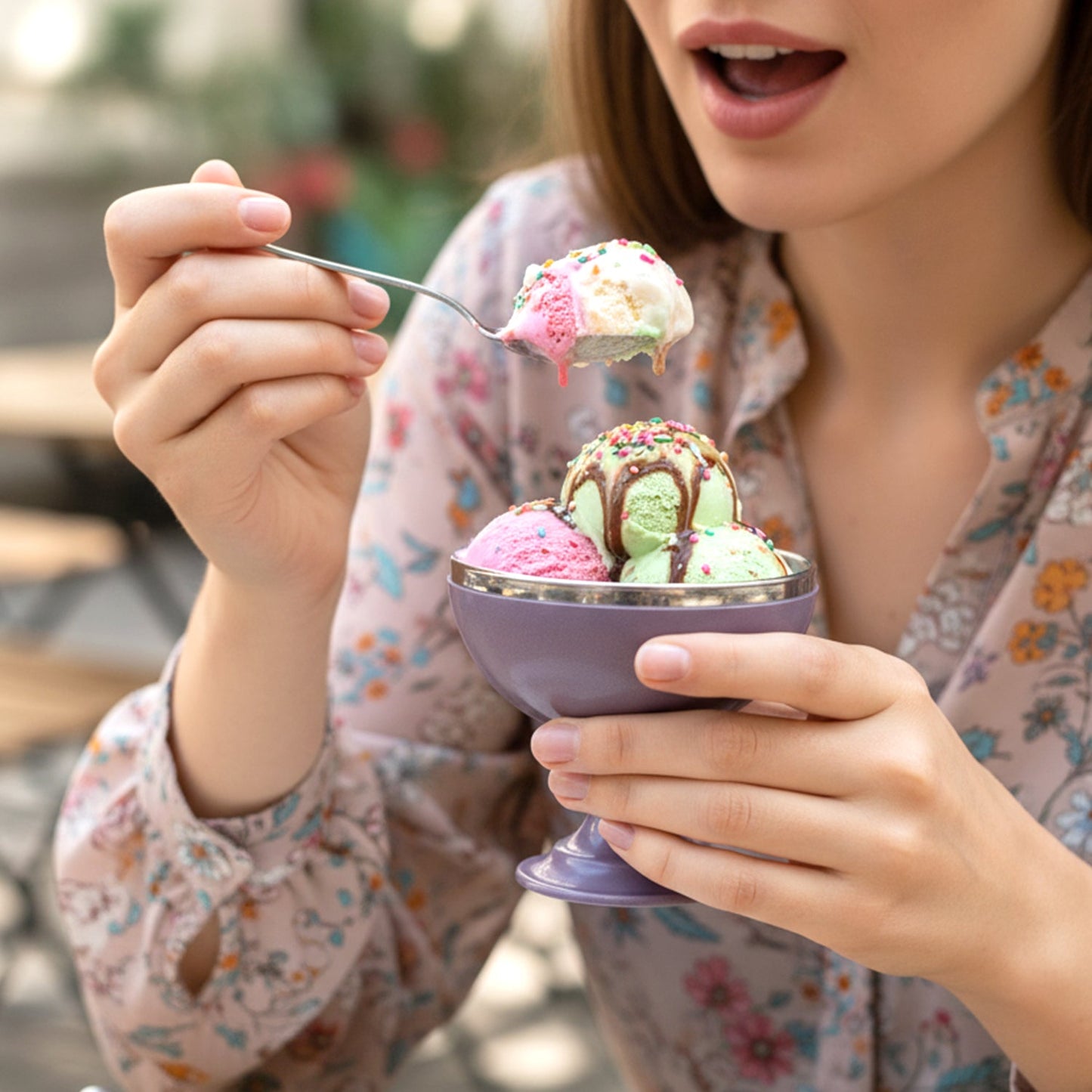 Close-up of stainless steel dessert cups with stand