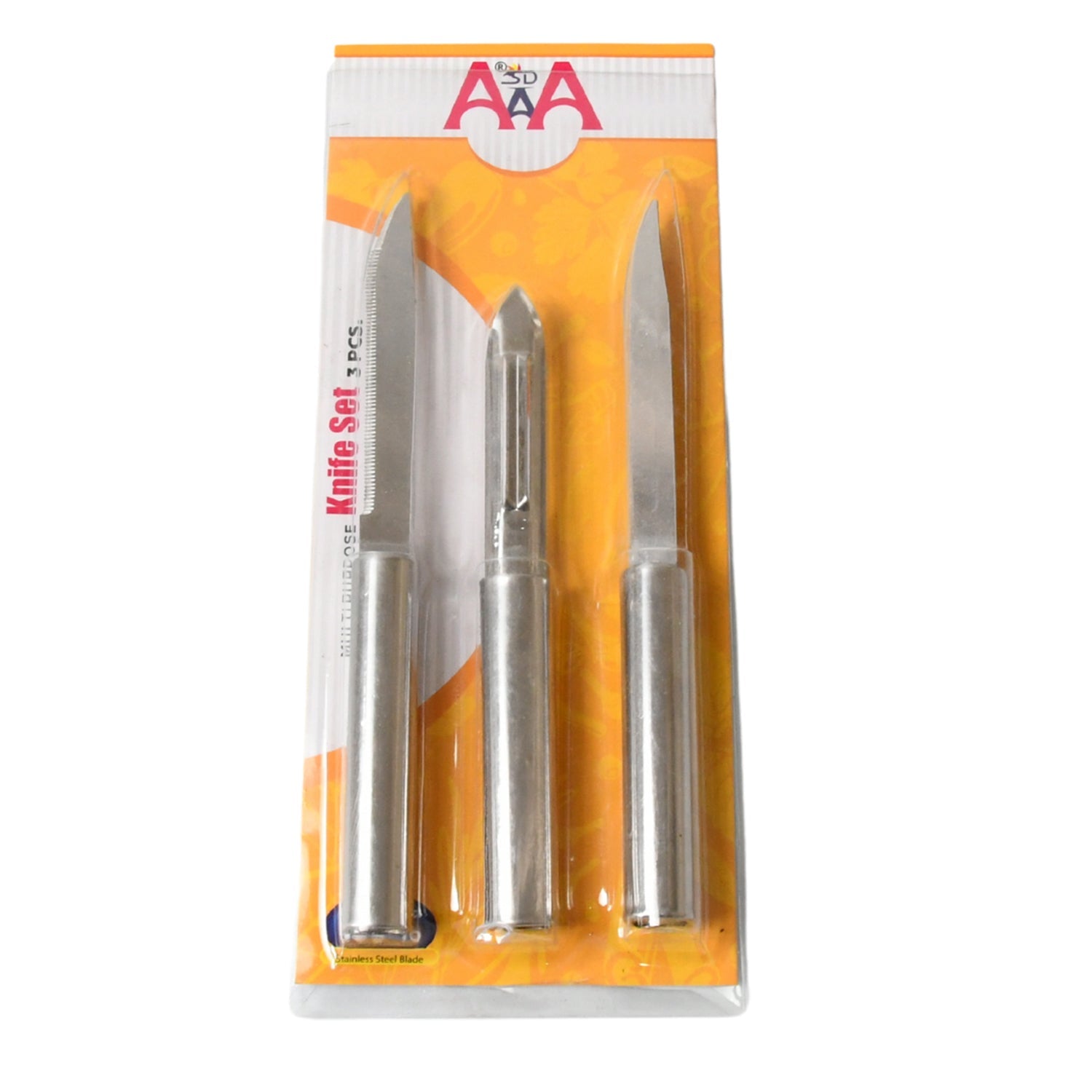 Three sharp stainless steel knives from the Cisora set arranged neatly side by side