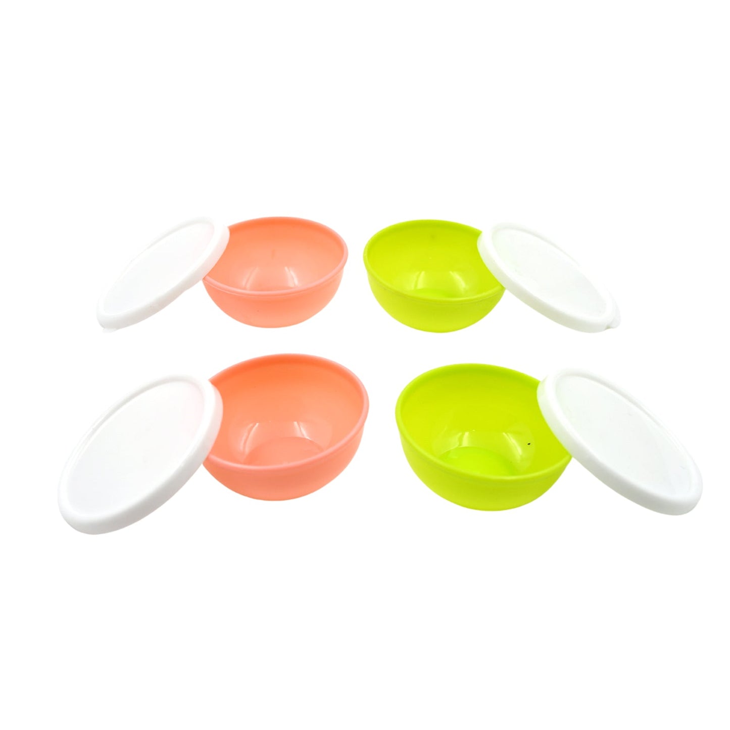 A small round plastic bowl with lid, filled with a vibrant chutney.