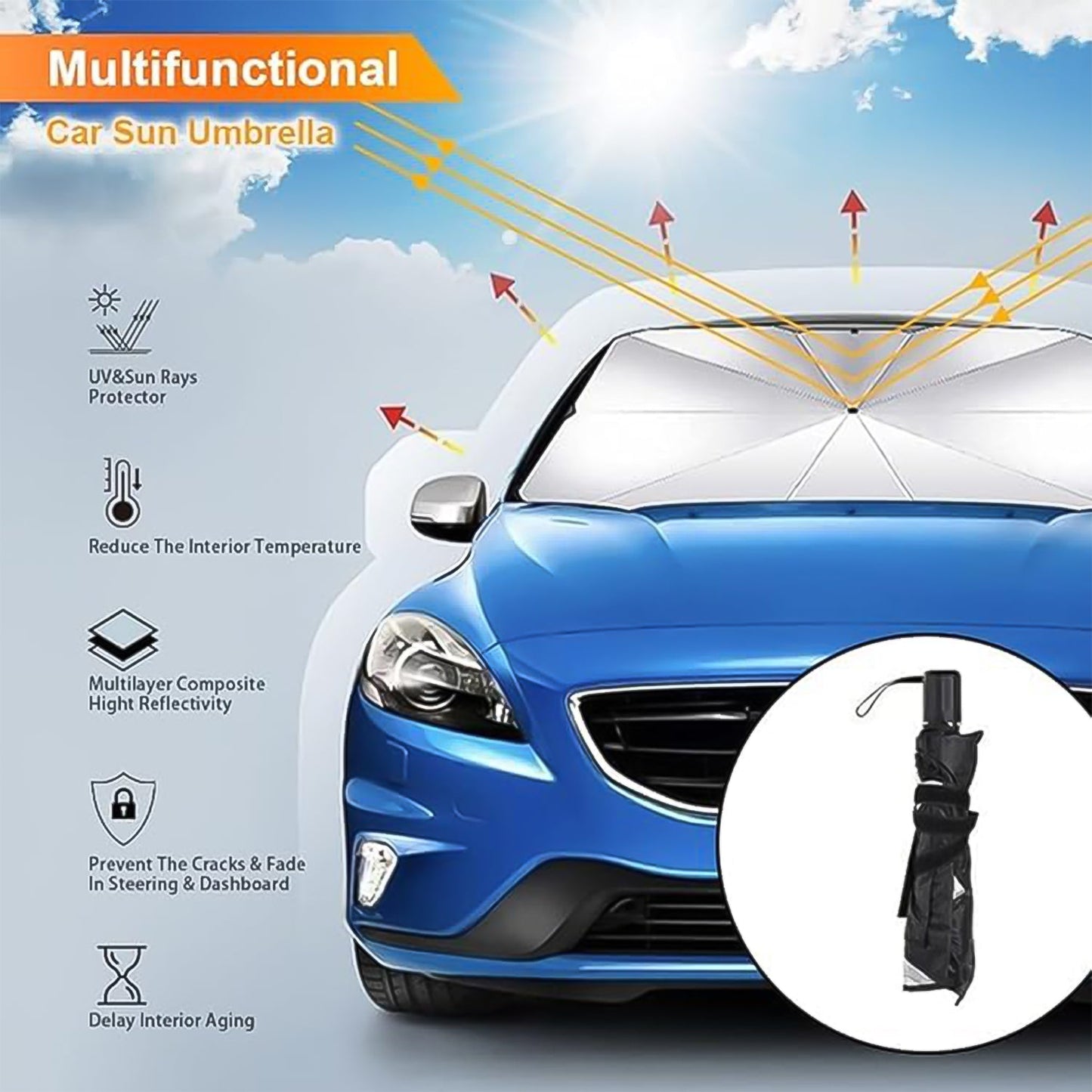 The easy-fold car umbrella in its compact, stored form, highlighting portability.