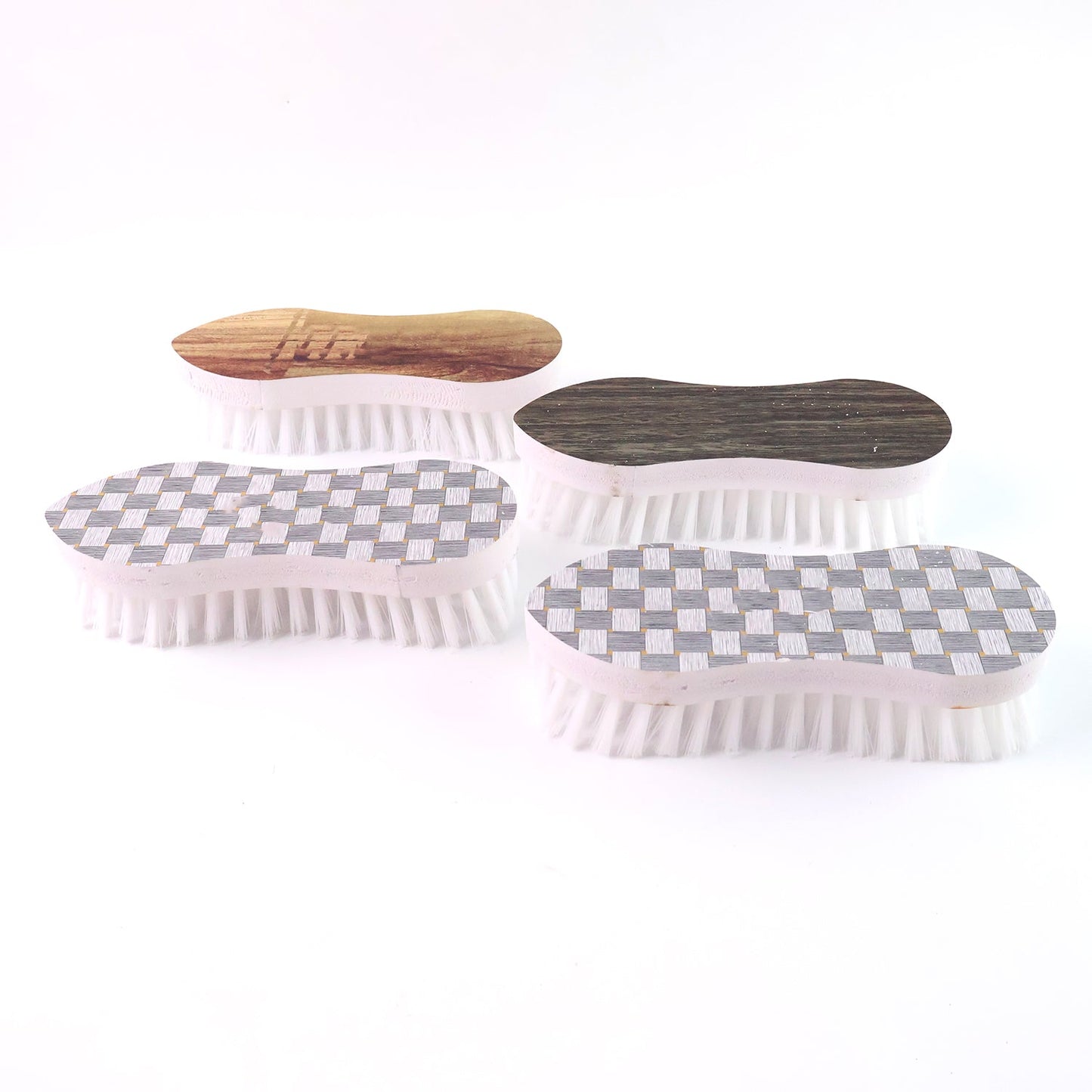 Ergonomic scrub brush set with durable plastic body and stylish printed tops