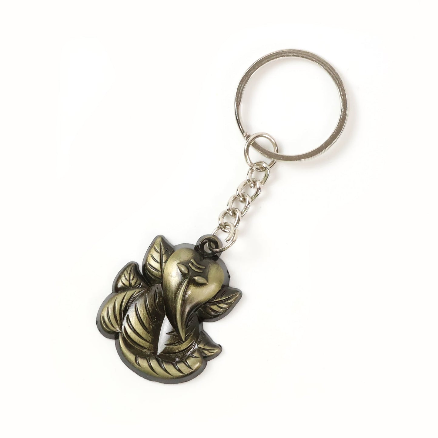 Back view of Ganesh Face Antique Black Metal Keychain showcasing sturdy ring and chain