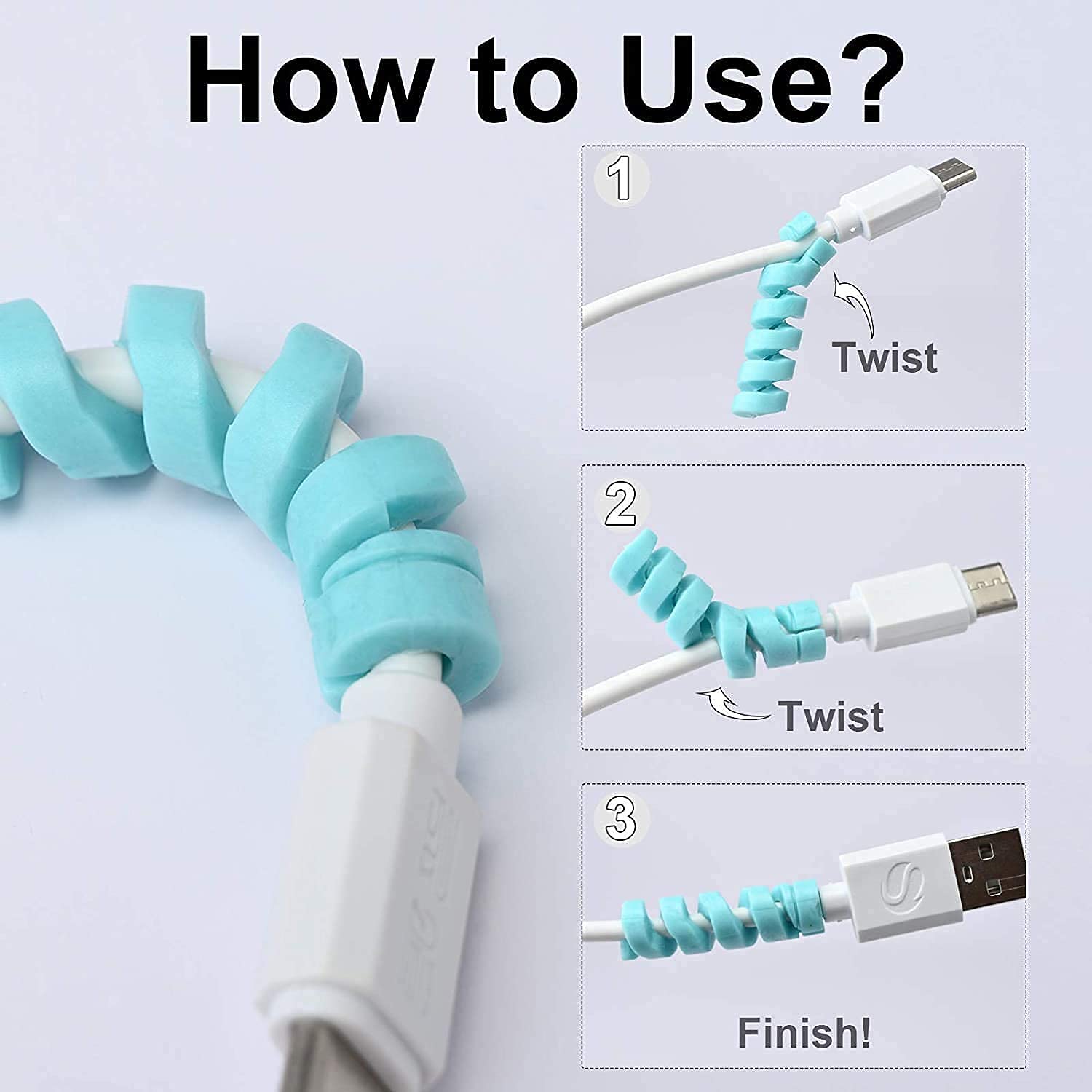 Pack of 4 spiral cable protectors in various colors for data cable protection.