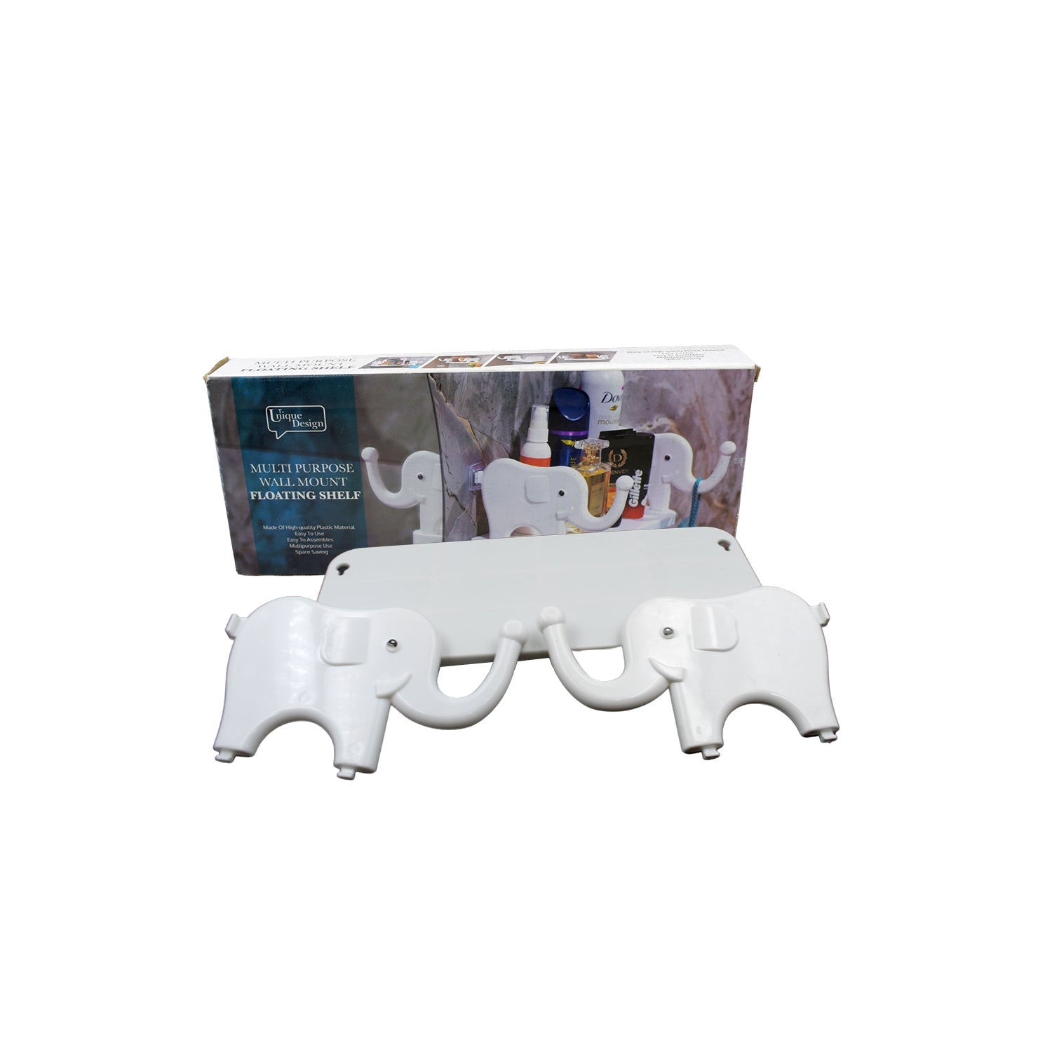 Creative elephant wall shelf securely mounted on a white wall.