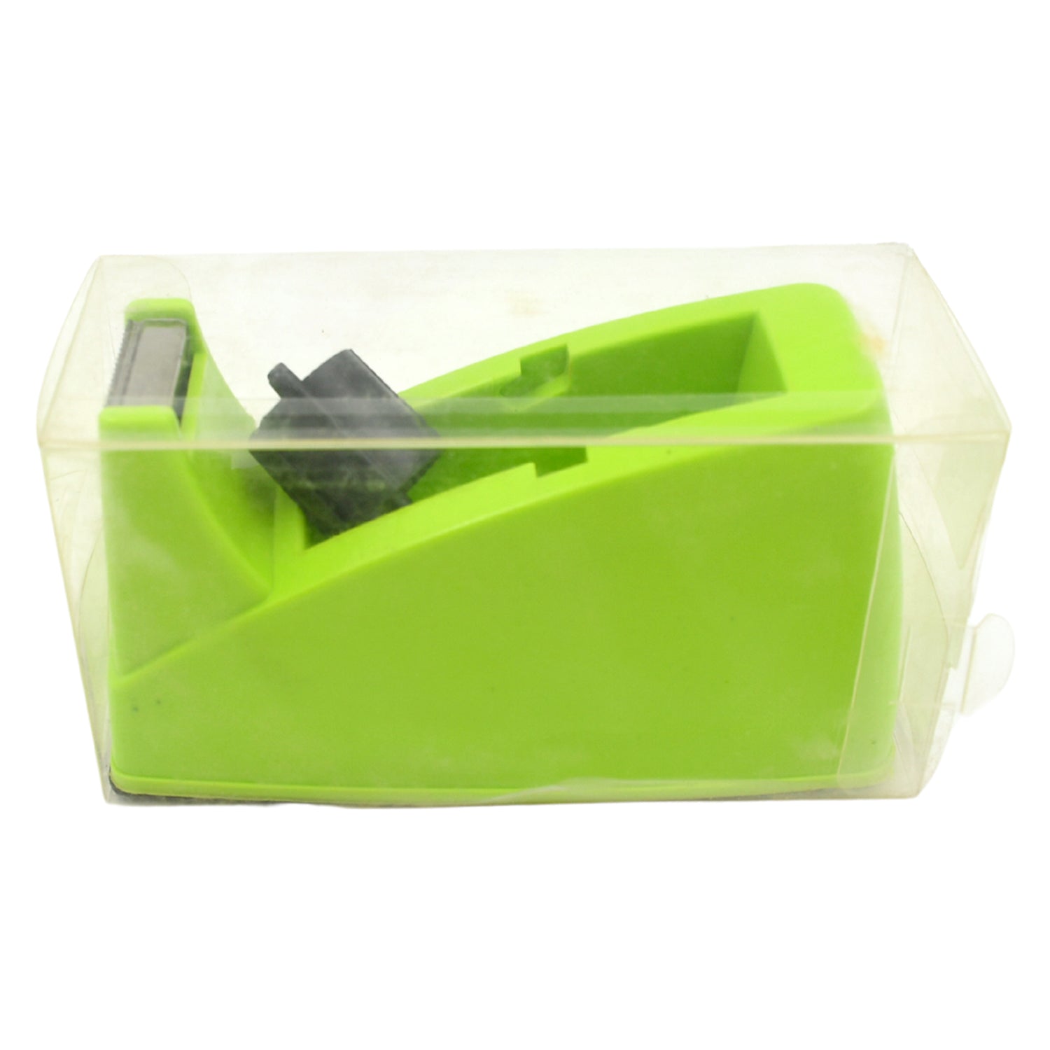Compact heavy-duty tape dispenser with a transparent tape roll for efficient parcel sealing.