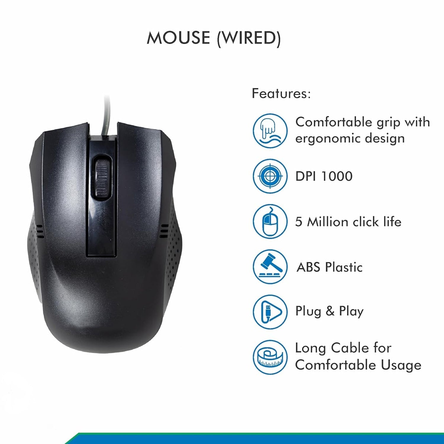 Side profile of the wired optical mouse, emphasizing its contoured shape for comfortable handling.