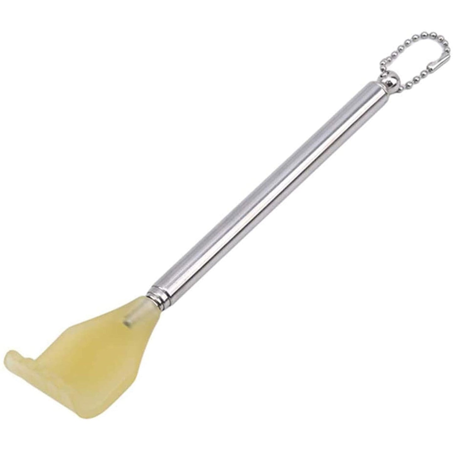 Stainless steel back scratcher fully extended, demonstrating its long reach.