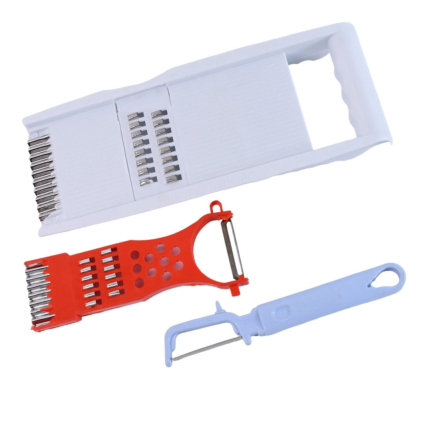 Blue-handled peeler tool part of the 3-in-1 kitchen grater set