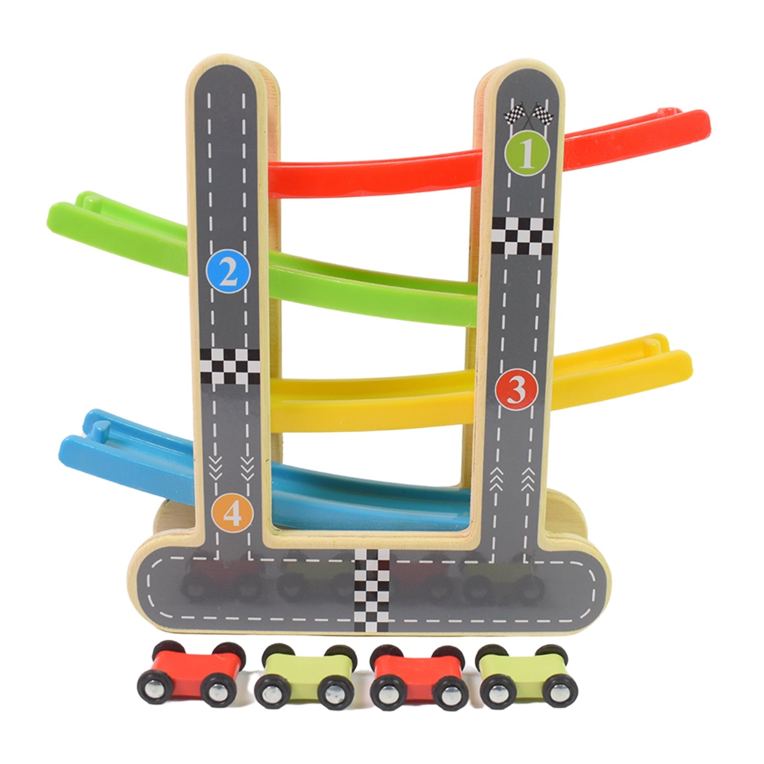 Overview of the complete wooden car ramp set with its four vibrant mini vehicles.
