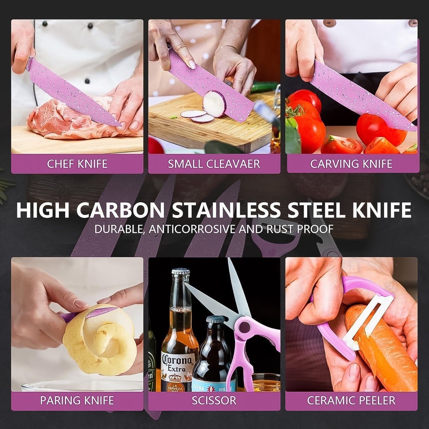 Complete 6 Pcs Chef Knife Set including a peeler and scissors for versatile use.