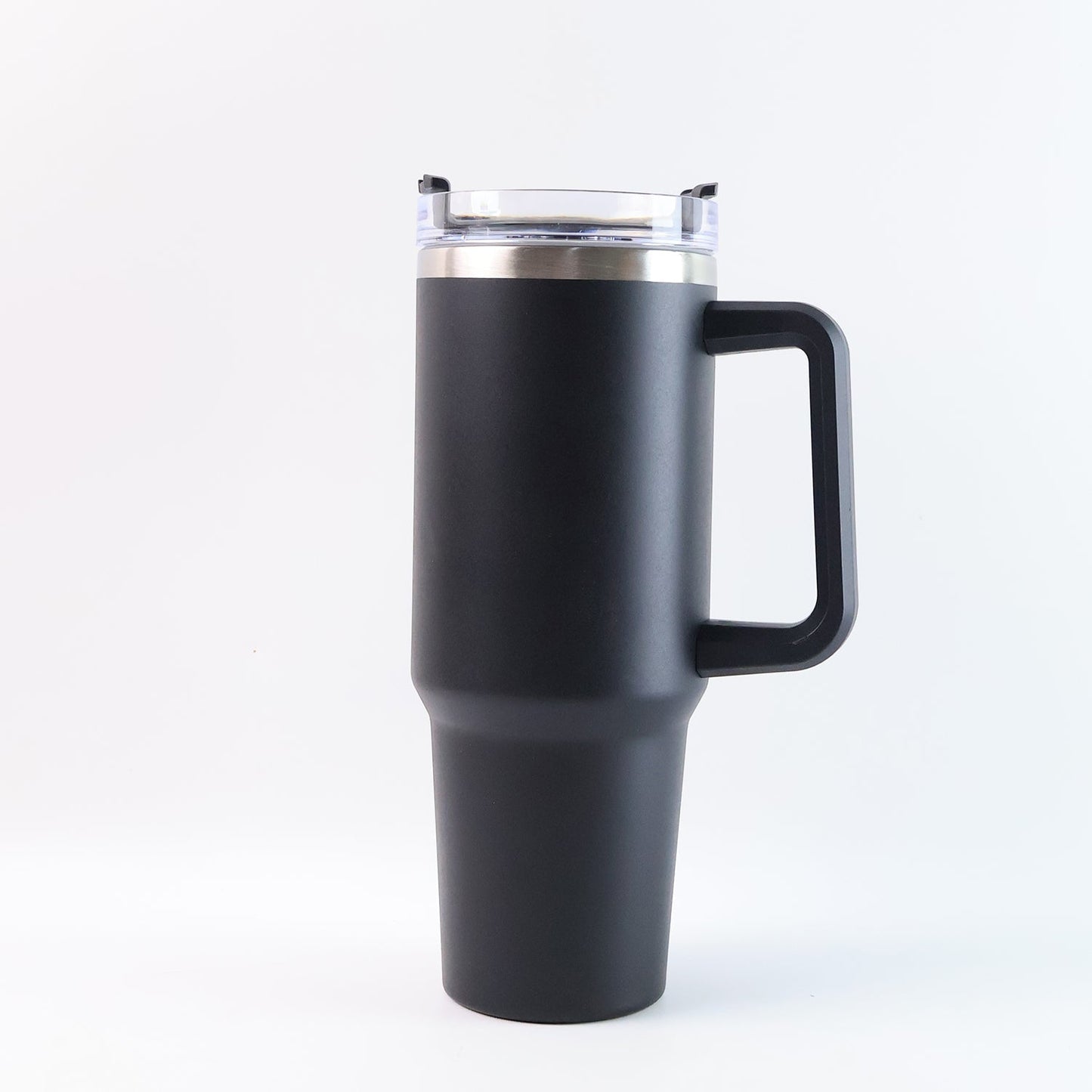 Premium stainless steel vacuum insulated travel mug close-up view
