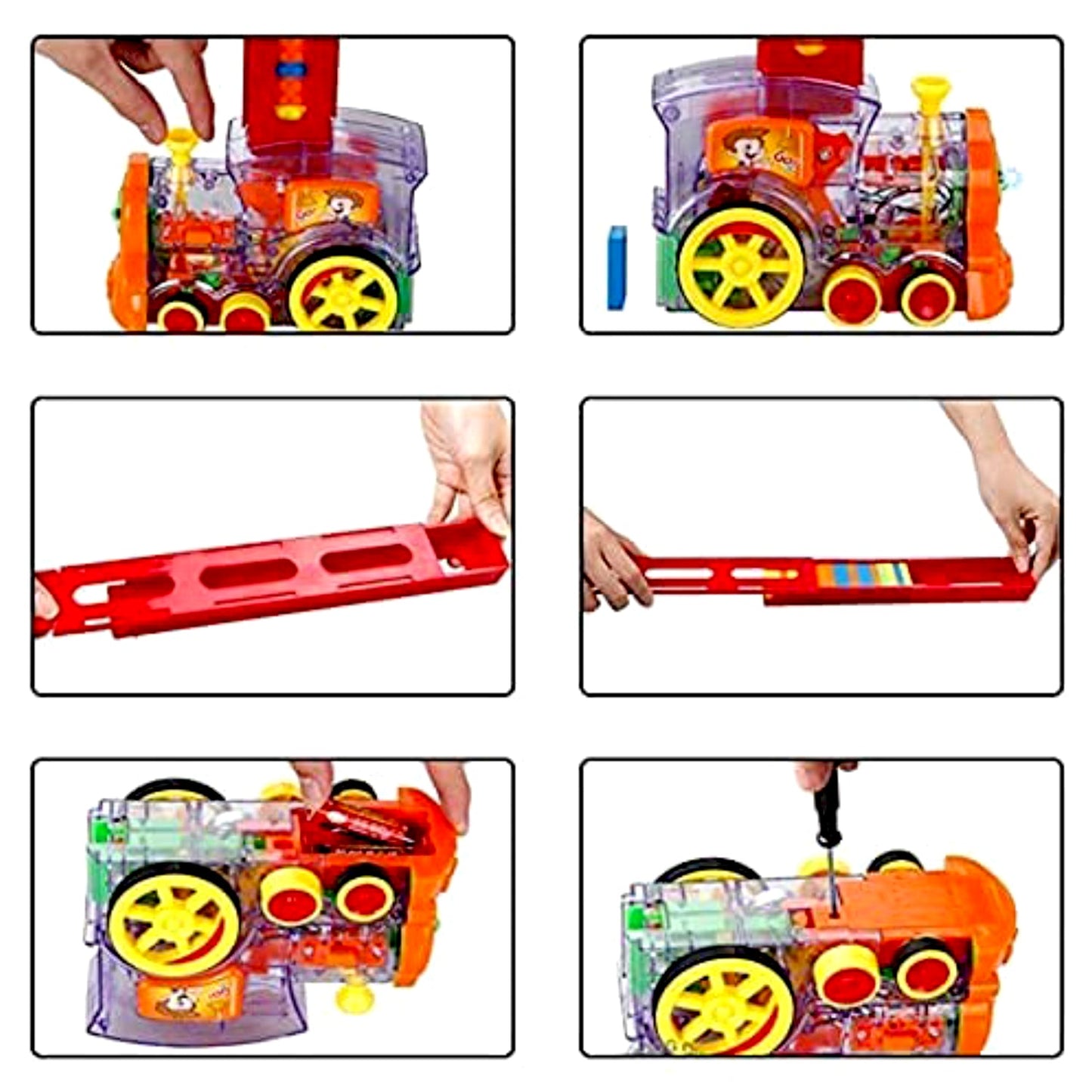 Happy child playing with the musical domino train set, surrounded by blocks.