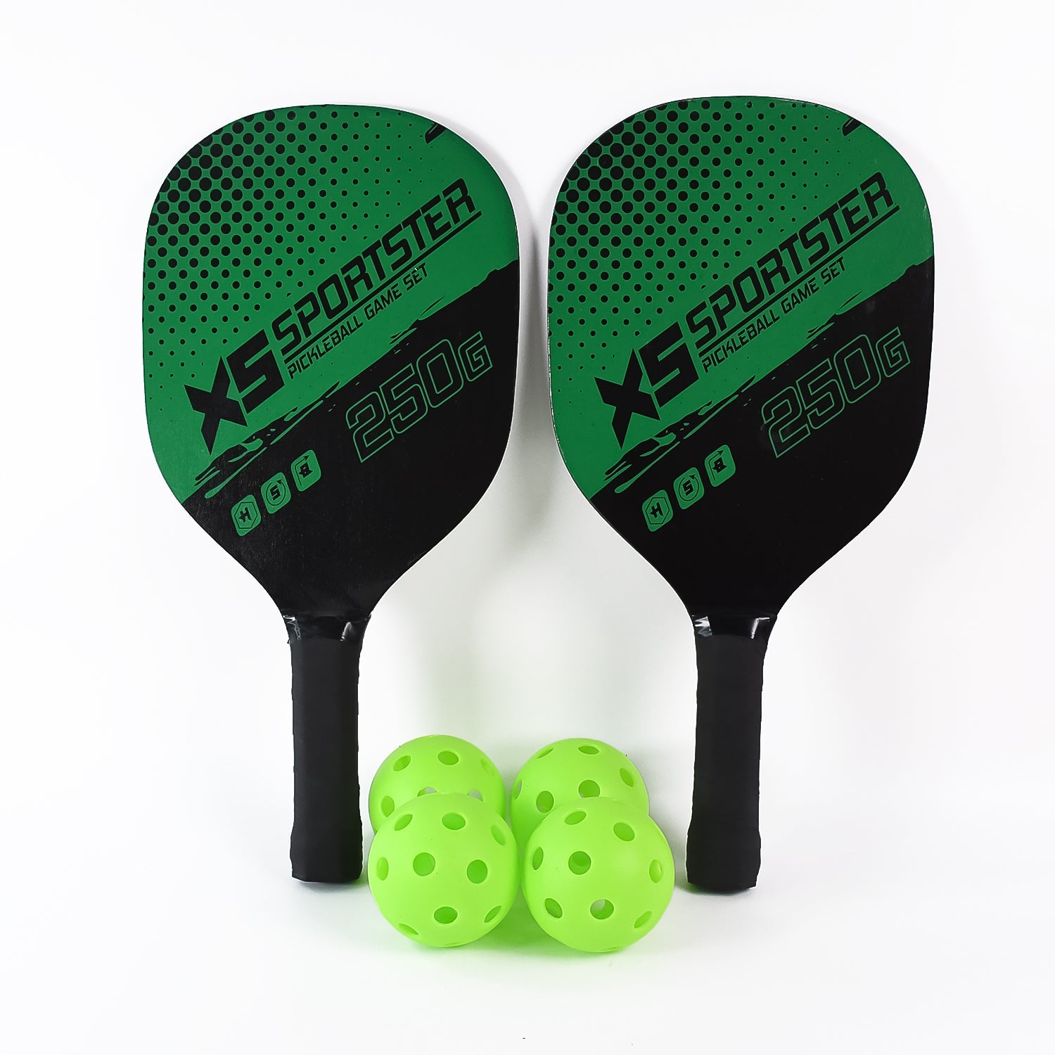 Four durable plastic perforated pickleball balls designed for controlled flight