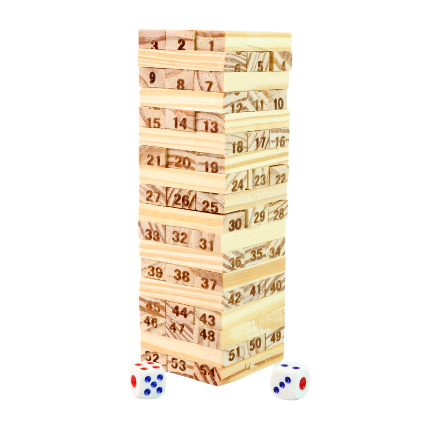 Wooden tumbling tower blocks stacked alongside dice for gameplay