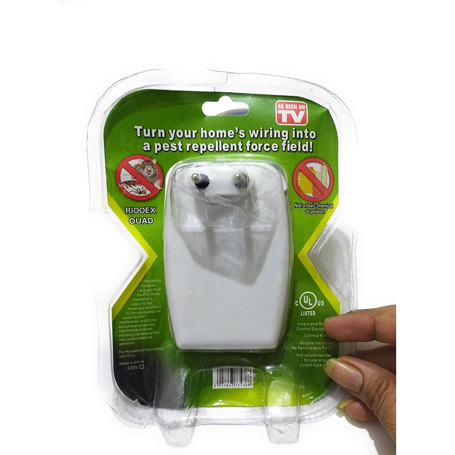 Electronic pest repeller device with a blue indicator light, ideal for home use.
