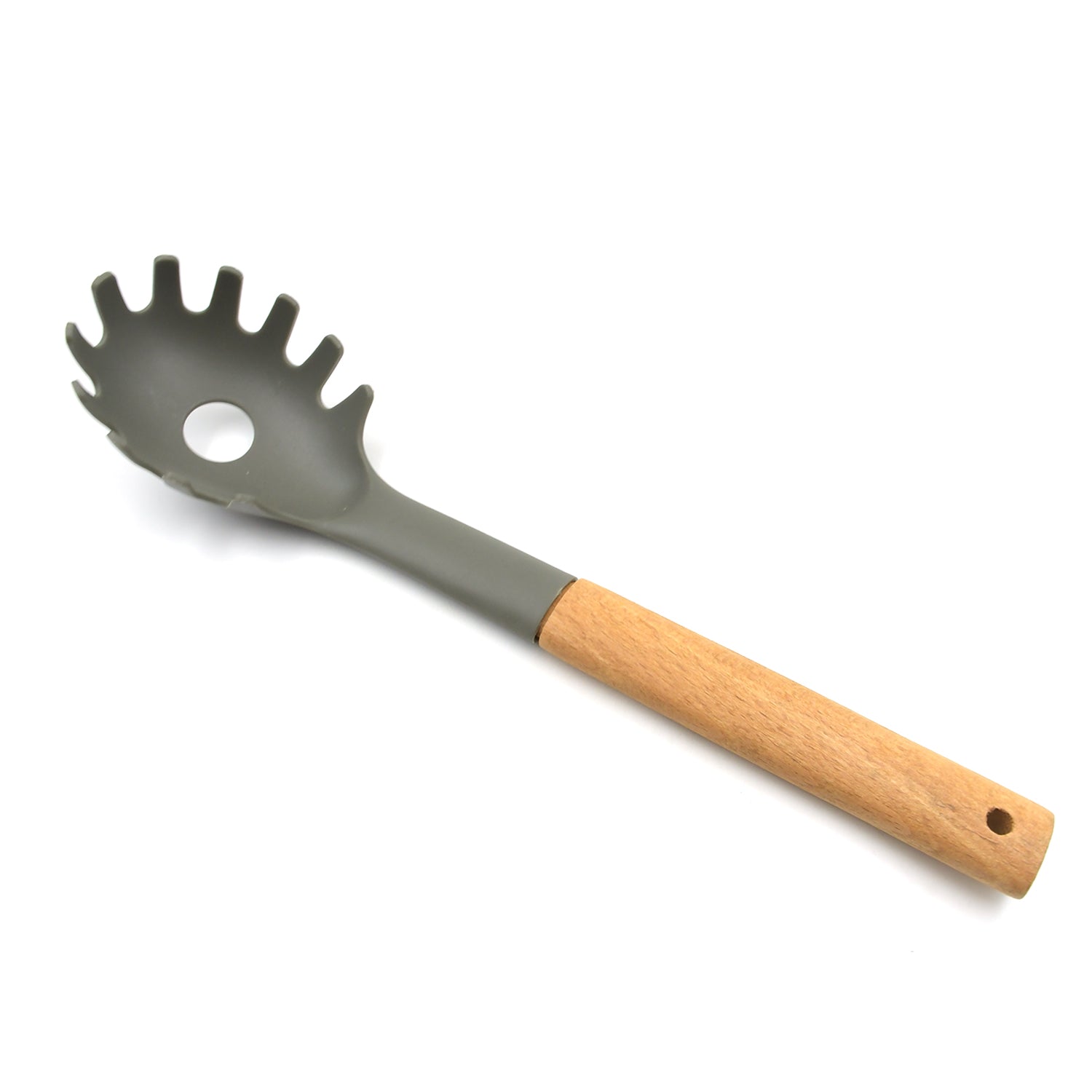 Plastic pasta fork displayed against a clean kitchen background.