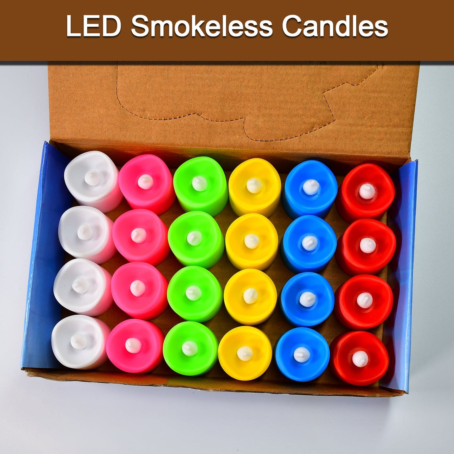 Pack of 24 battery operated LED tealight candles showcasing their multicolor glow.