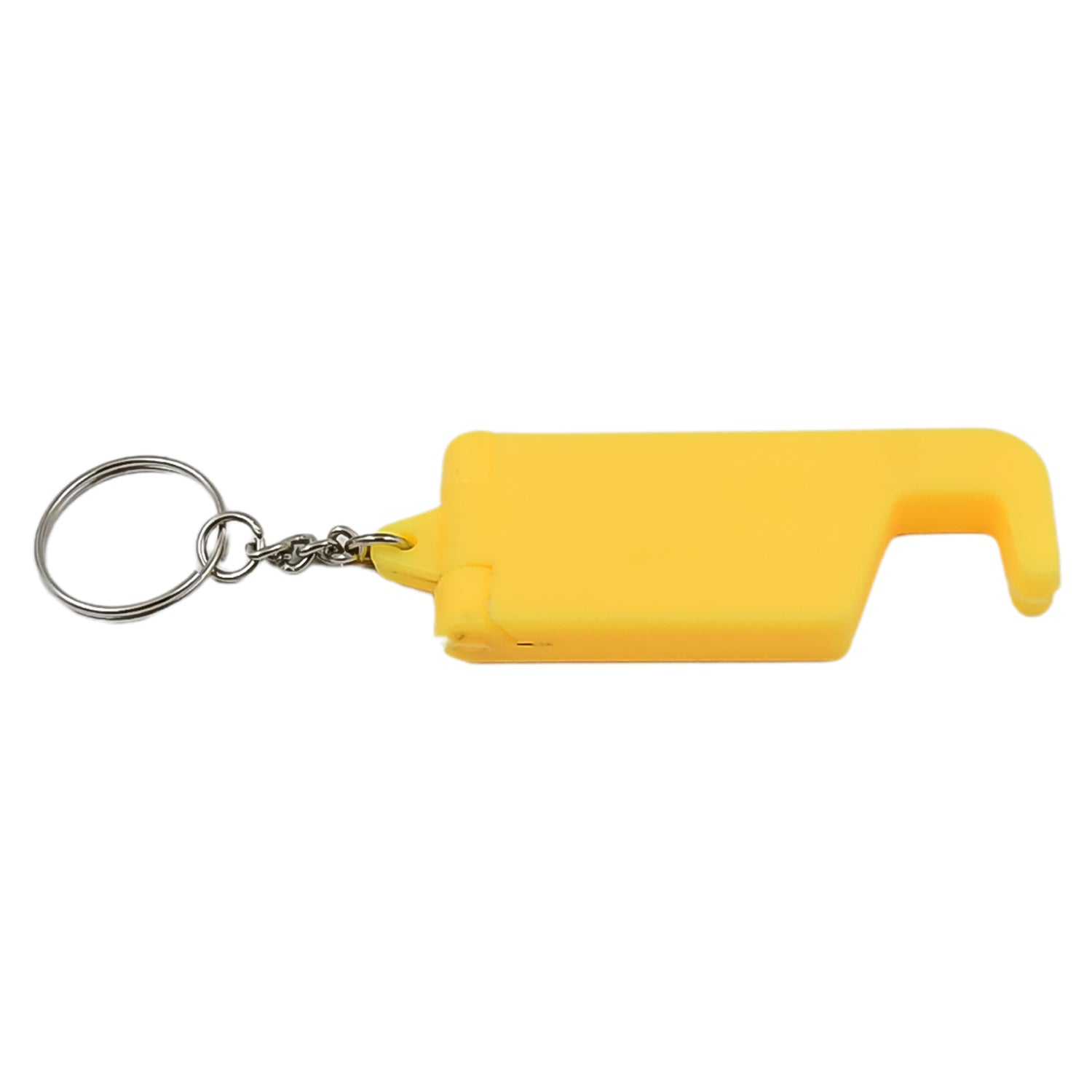 The versatile keychain mobile stand holding a smartphone on a desk.
