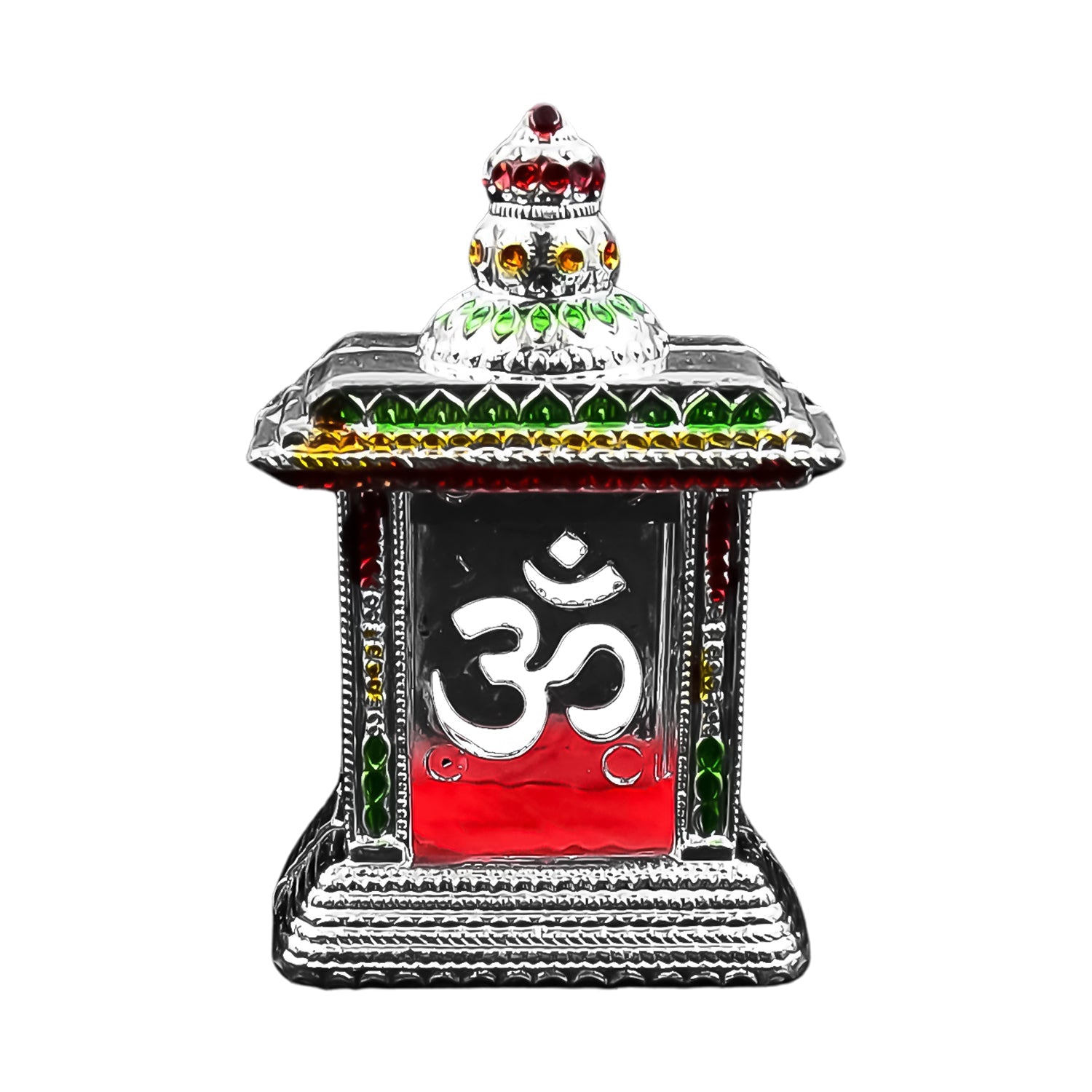 Small Om Temple elegantly placed in a home mandir setting.