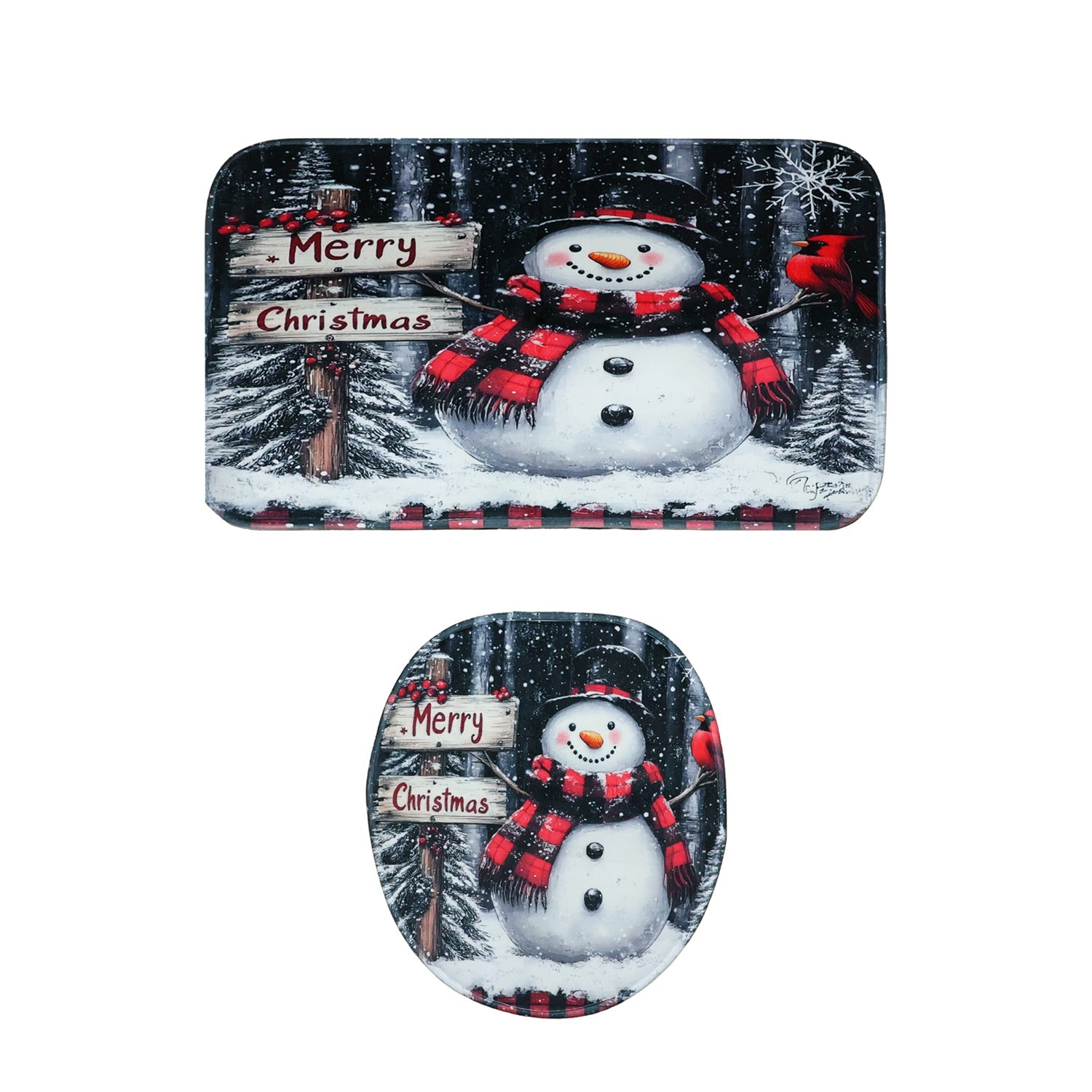 Full 3-piece Christmas bathroom mat set with snowman festive décor