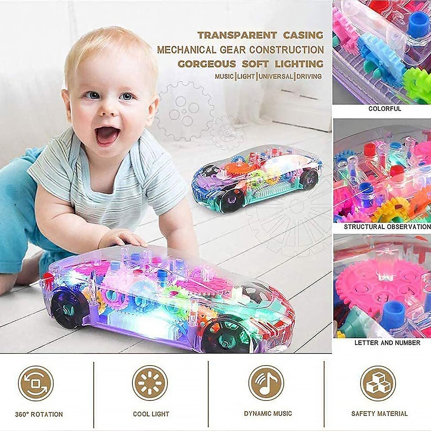 The musical gear car toy actively rotating, with its vibrant lights creating an engaging display.