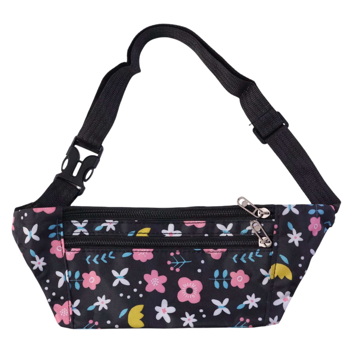 Floral belt bag showing multiple compartments zippered securely