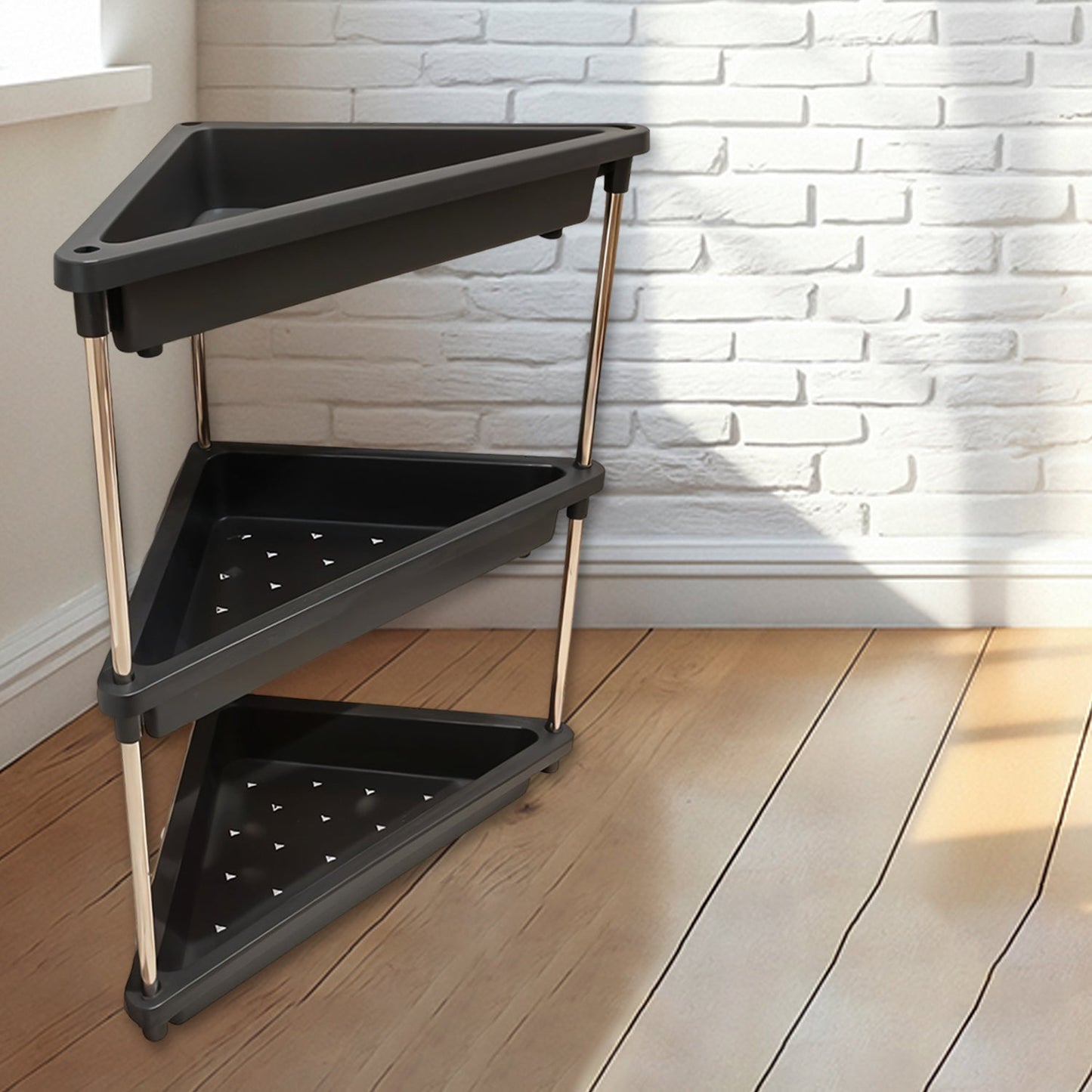 Triangular corner storage rack showing spacious plastic shelves and metal supports