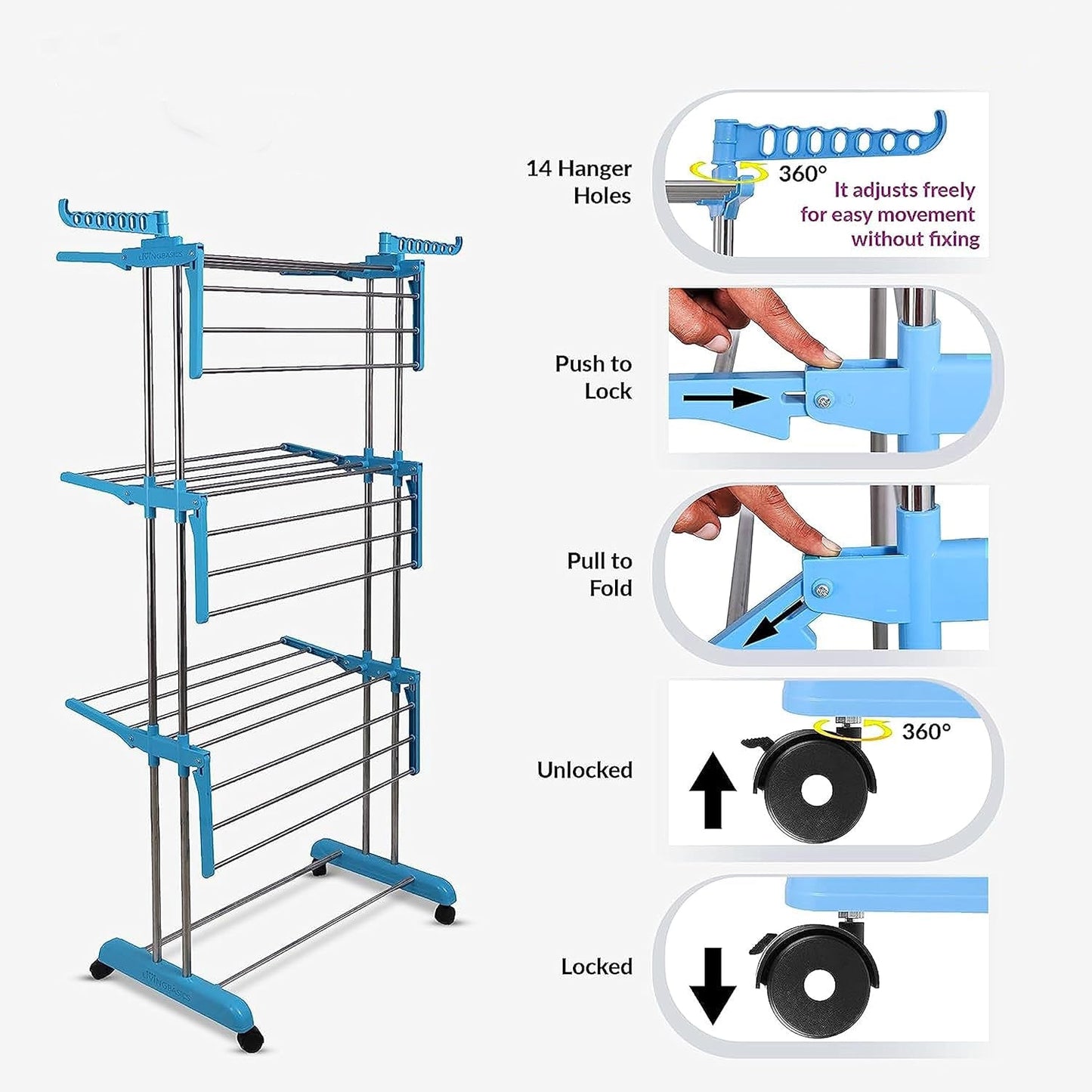 A close-up of clothes drying on the multi-tier laundry rack, highlighting its capacity.