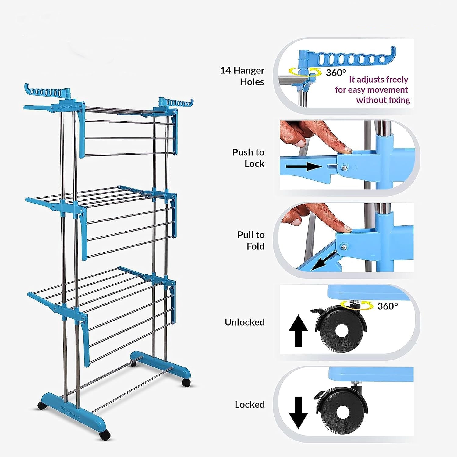 A close-up of clothes drying on the multi-tier laundry rack, highlighting its capacity.