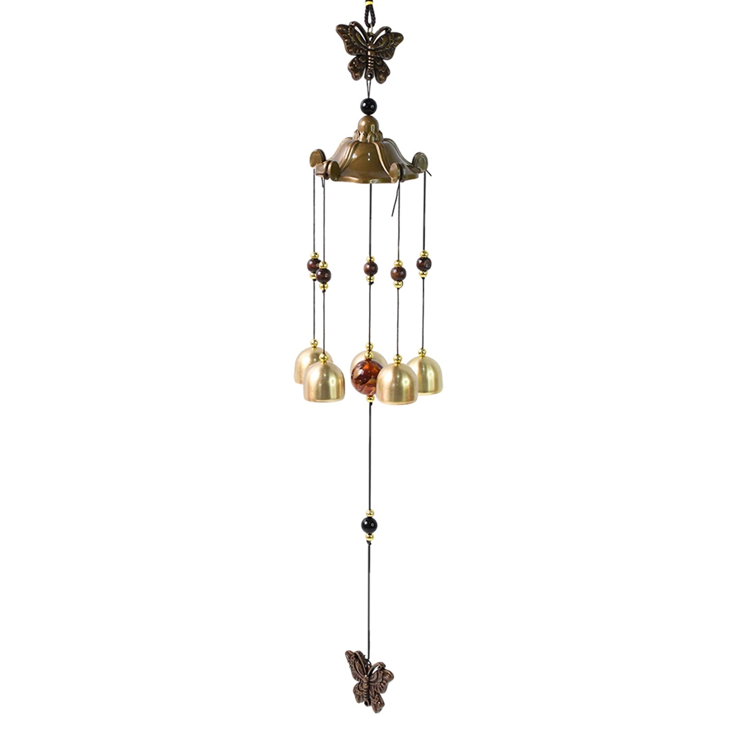Vibrant outdoor wind bell chime hanging on porch hook