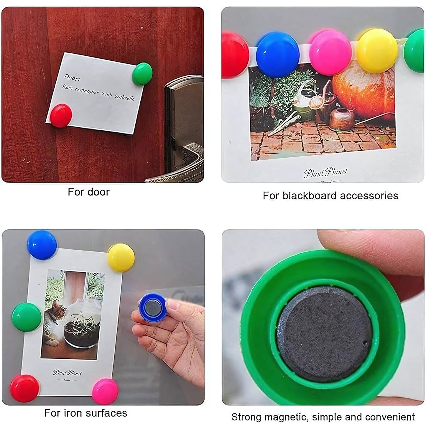 Yellow circular magnets holding multiple papers on office board