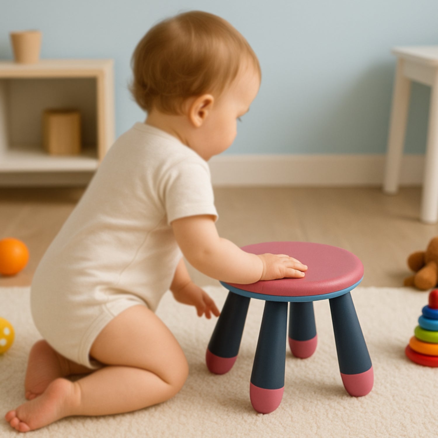 Child safely using a portable kids stool to reach an elevated surface.