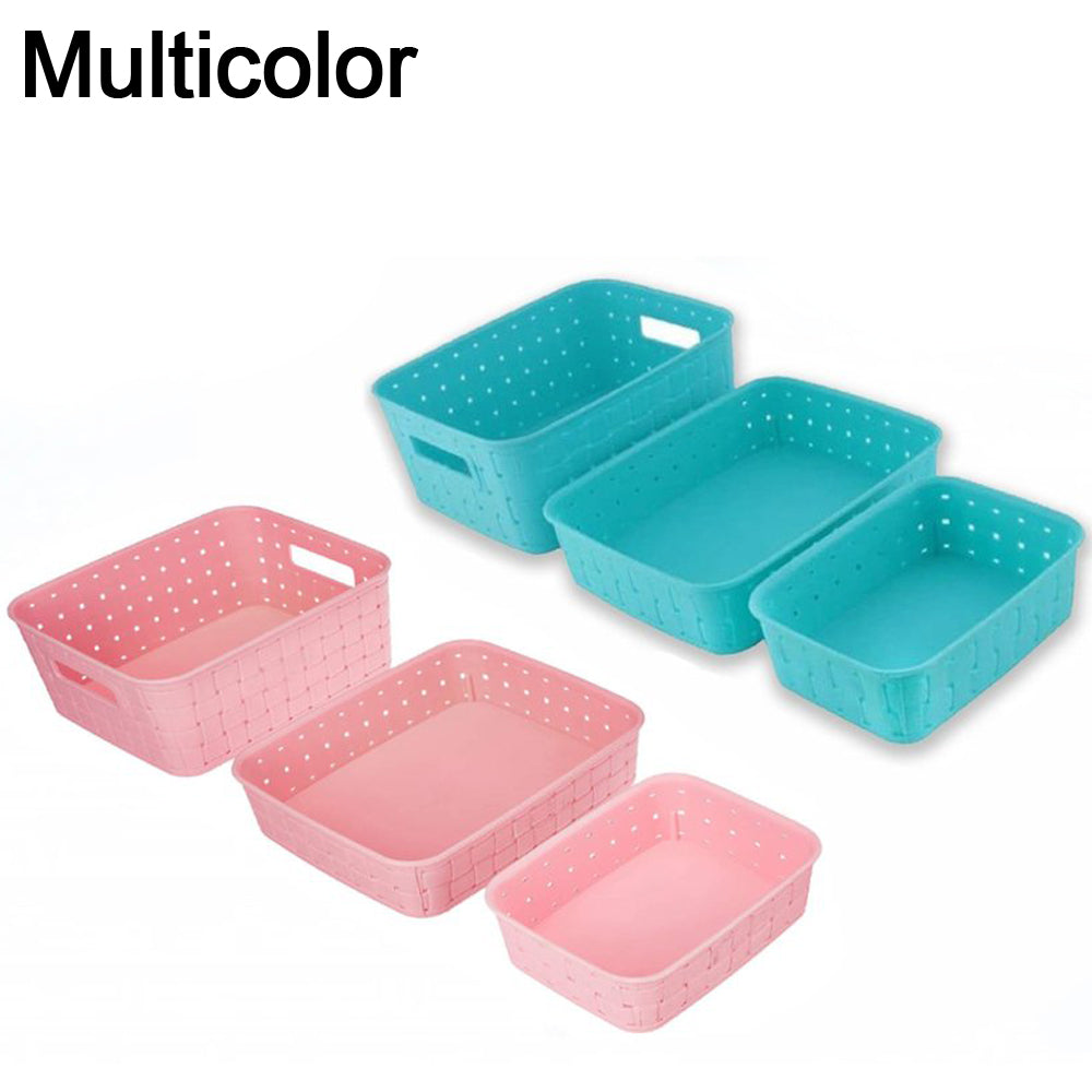 Durable plastic shelf storage baskets for organizing pantry items.