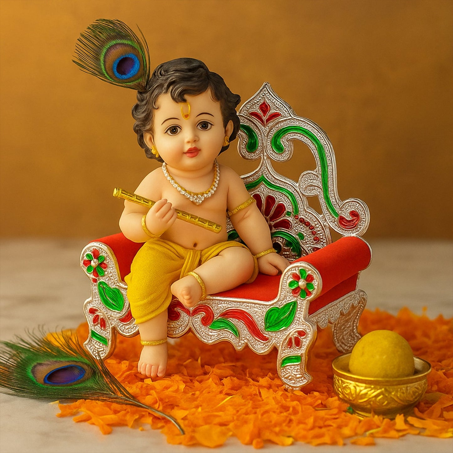 Back view of plastic pooja singhasan with traditional ornamental motifs