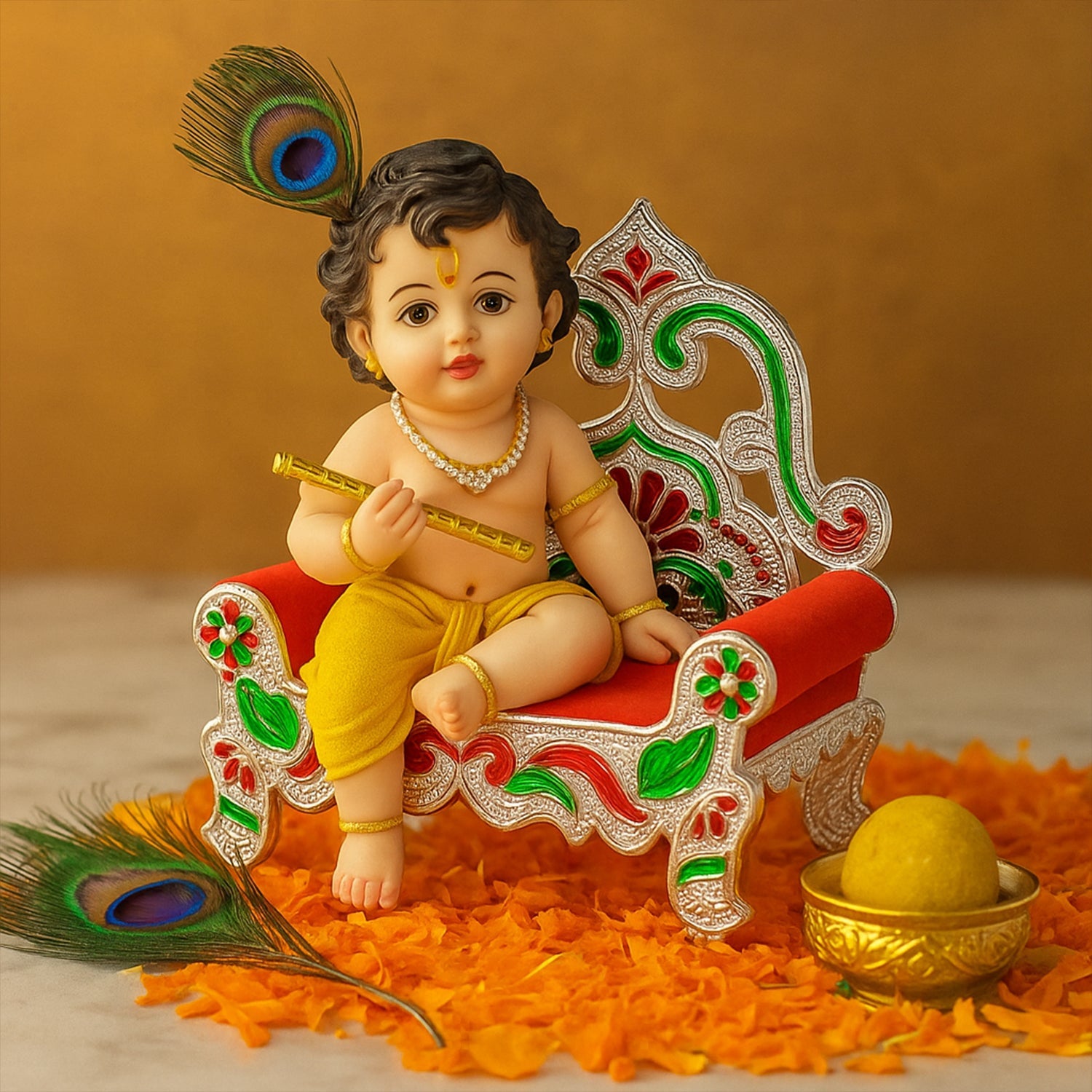 Back view of plastic pooja singhasan with traditional ornamental motifs