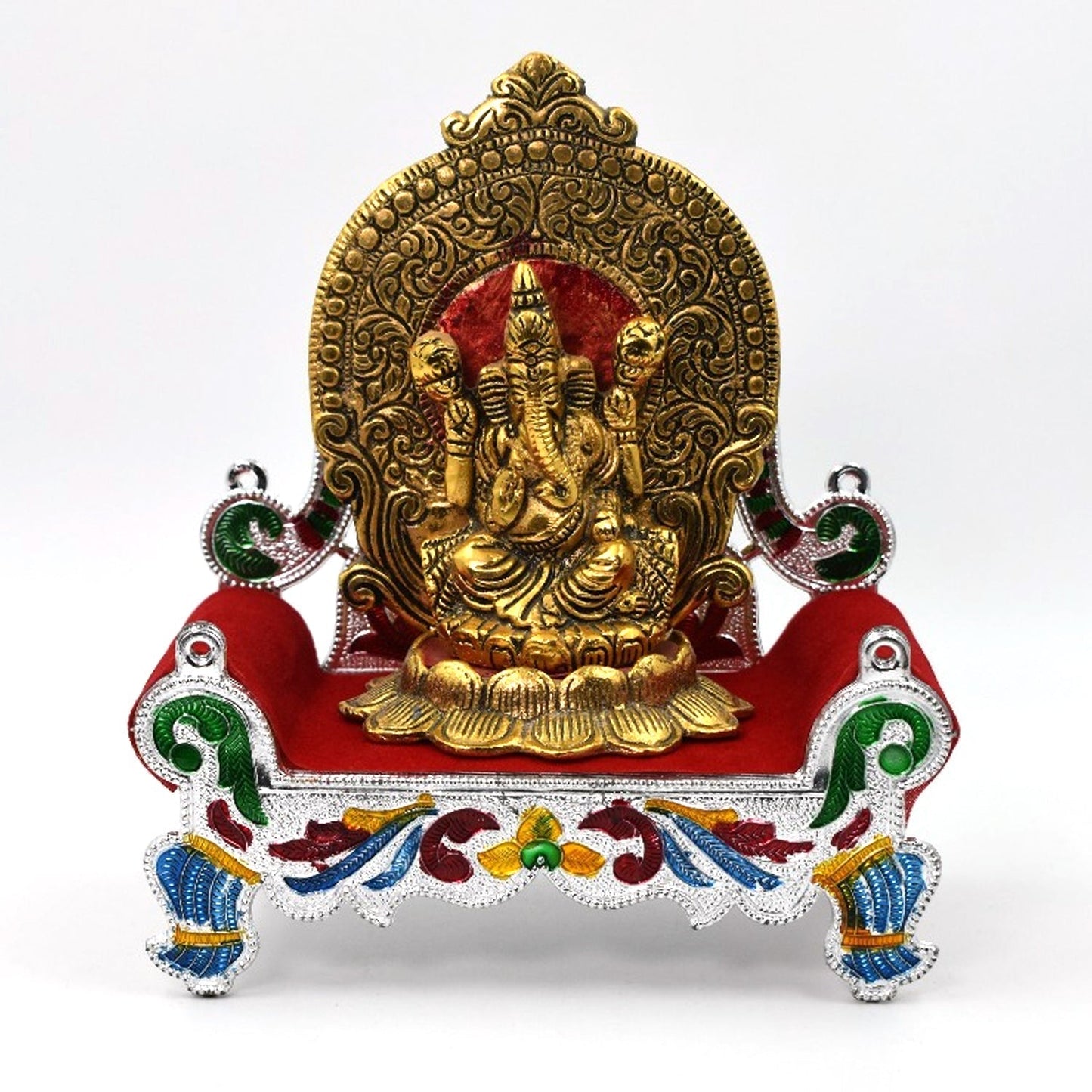 Front view of the Bal Gopal Singhasan, showcasing its detailed craftsmanship.