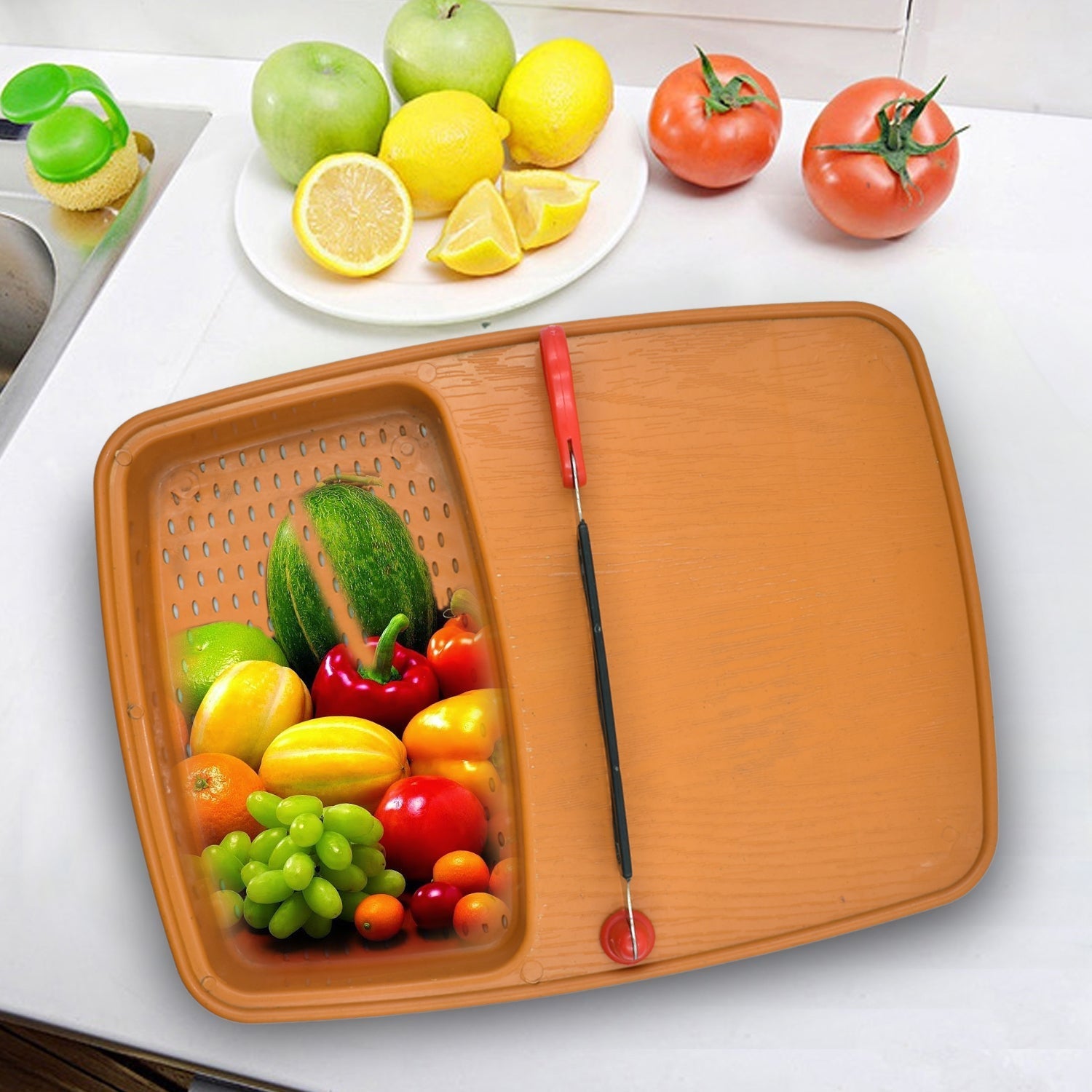 Thick plastic kitchen tray highlighting its dual chopping and slicing capabilities.