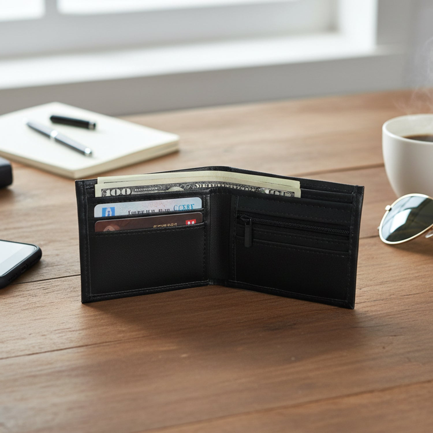 Portrait view of closed slim classic bi-fold wallet for men