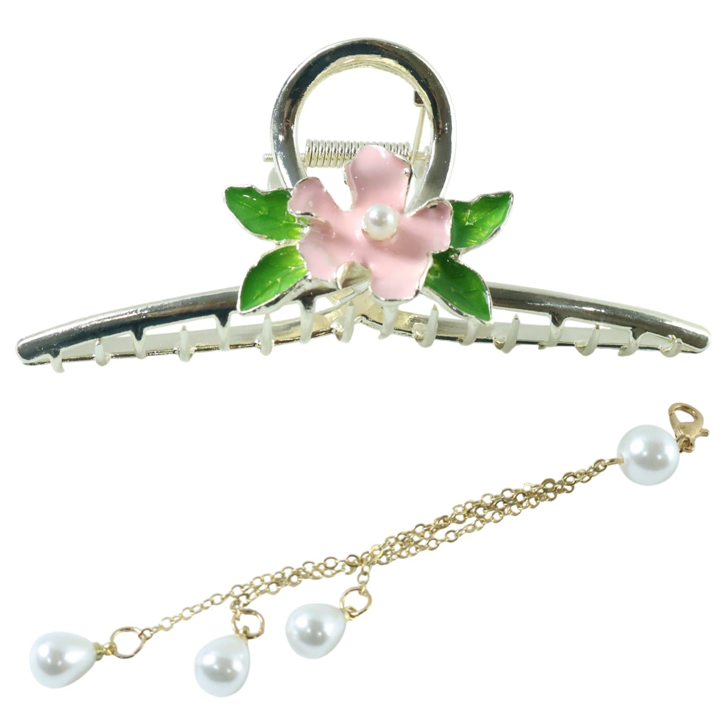 Metal spring hair claw clip featuring floral pearl design