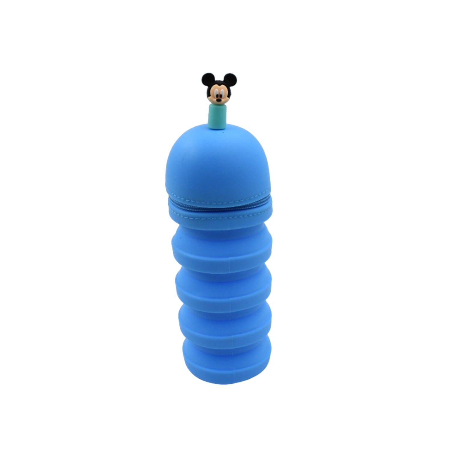Display of a spacious pink silicone telescopic pencil case holding various stationery items.
