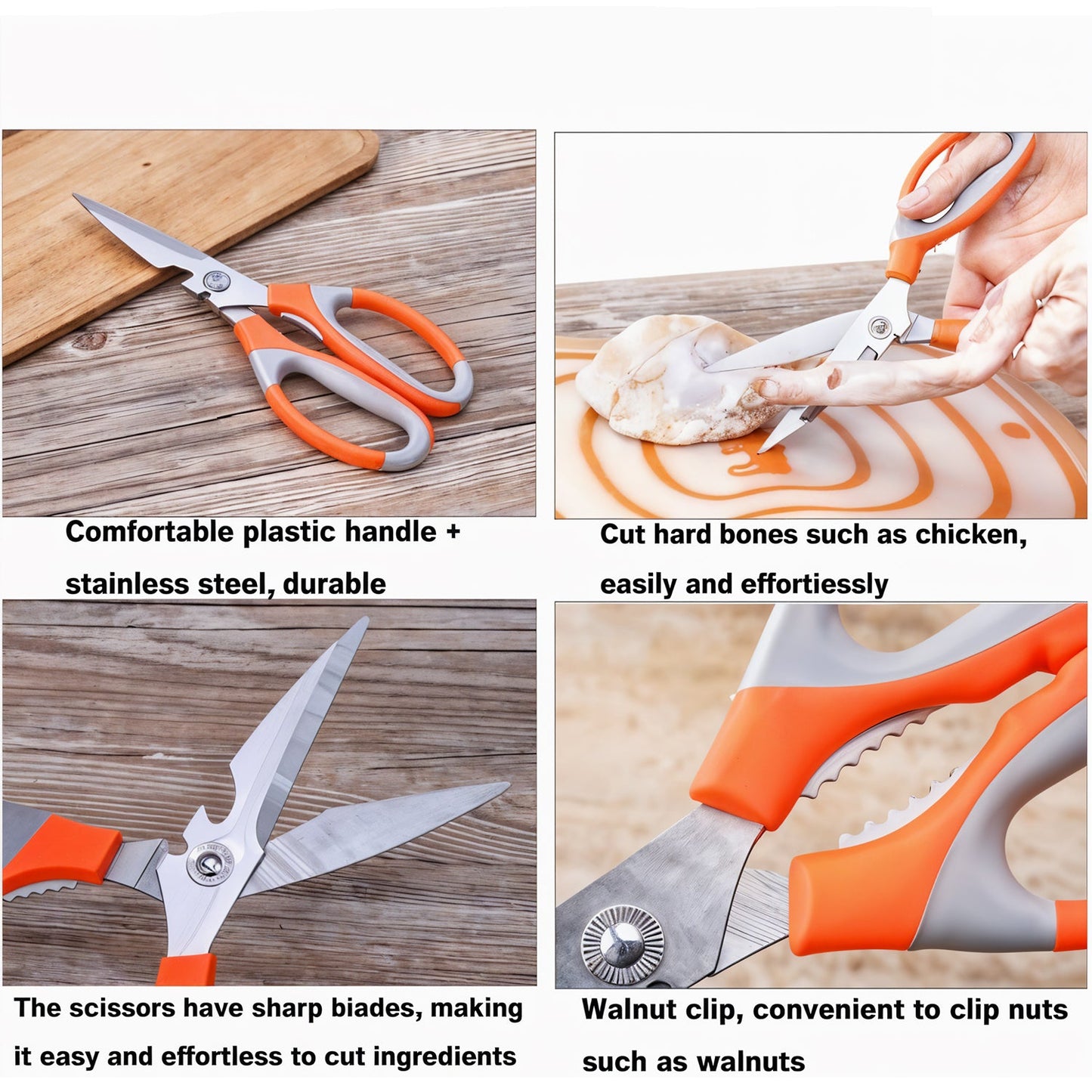 A pair of multi-function kitchen scissors with a magnetic holder against a plain background.