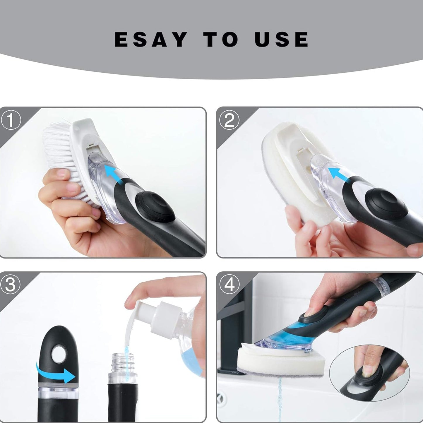 Durable bristles and built-in scraper on the refillable dish brush head.