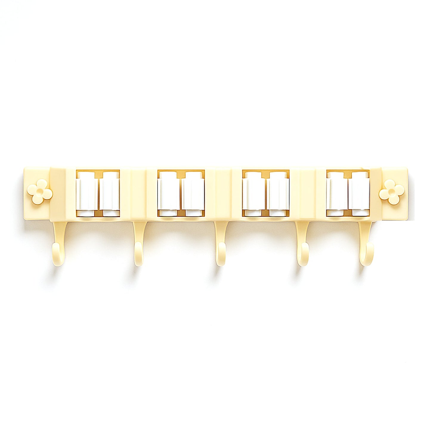 Wall-mounted tool organizer rack holding brooms and mops securely