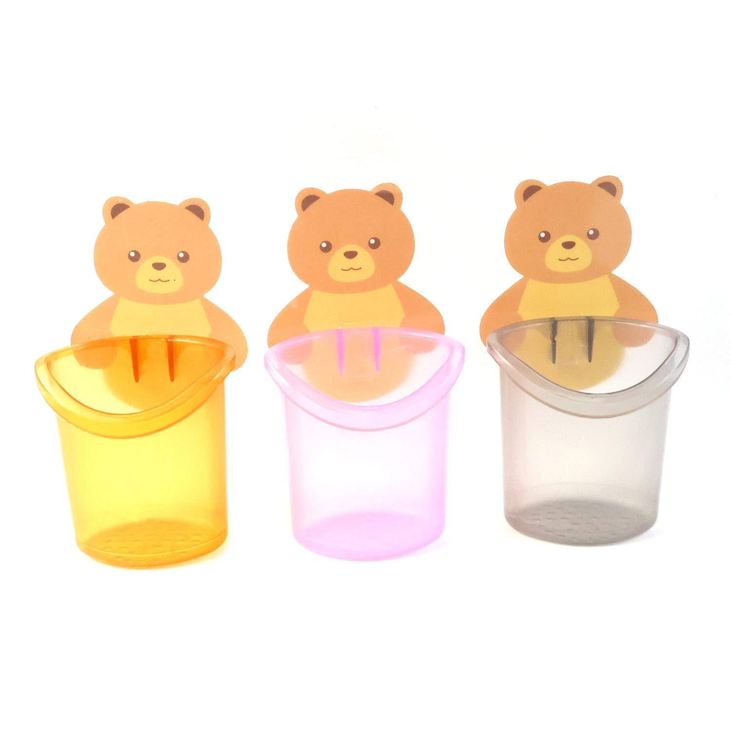 Space-saving teddy bear toothbrush organizer for washbasin