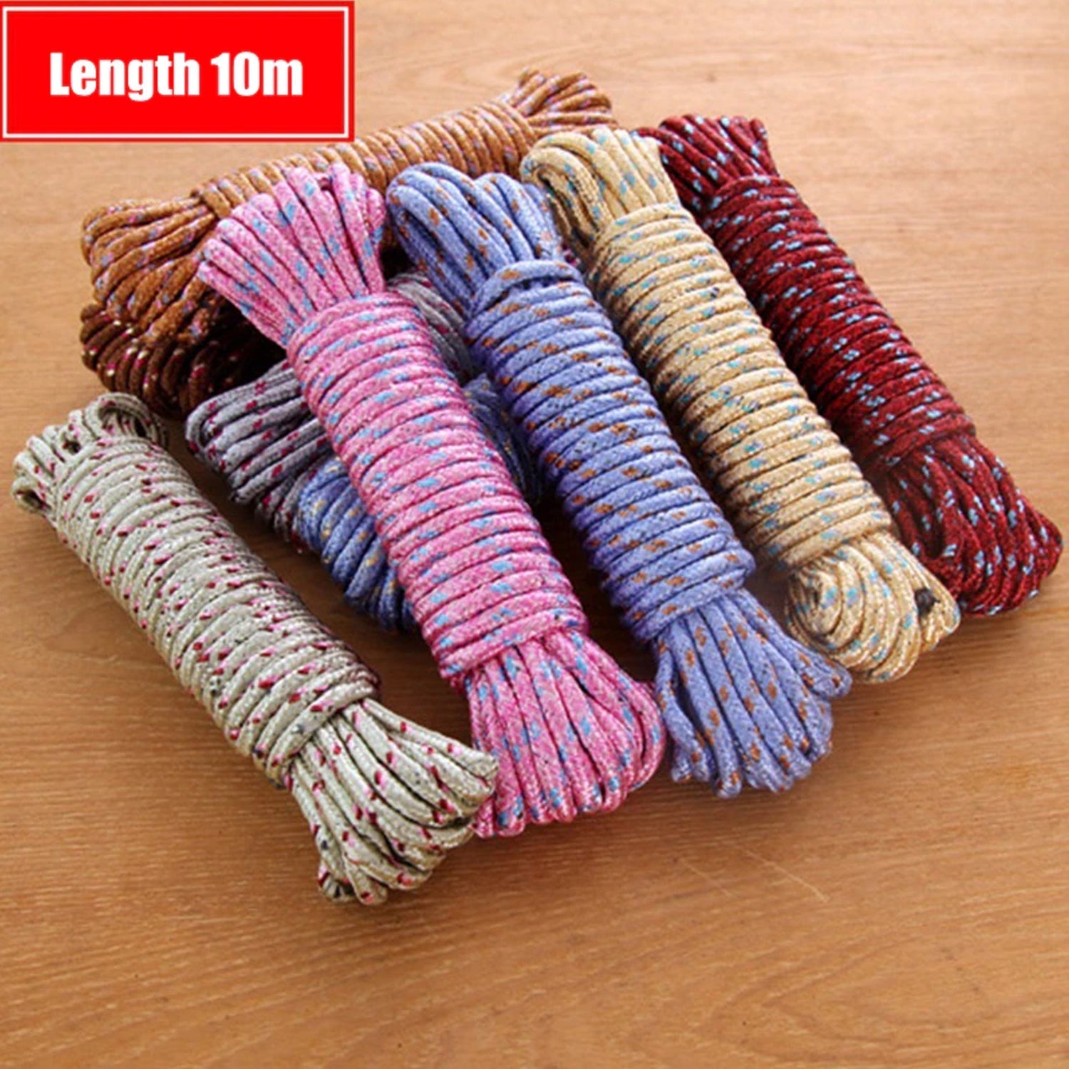 Versatile 10m clothesline rope in a bright color, suitable for various uses.