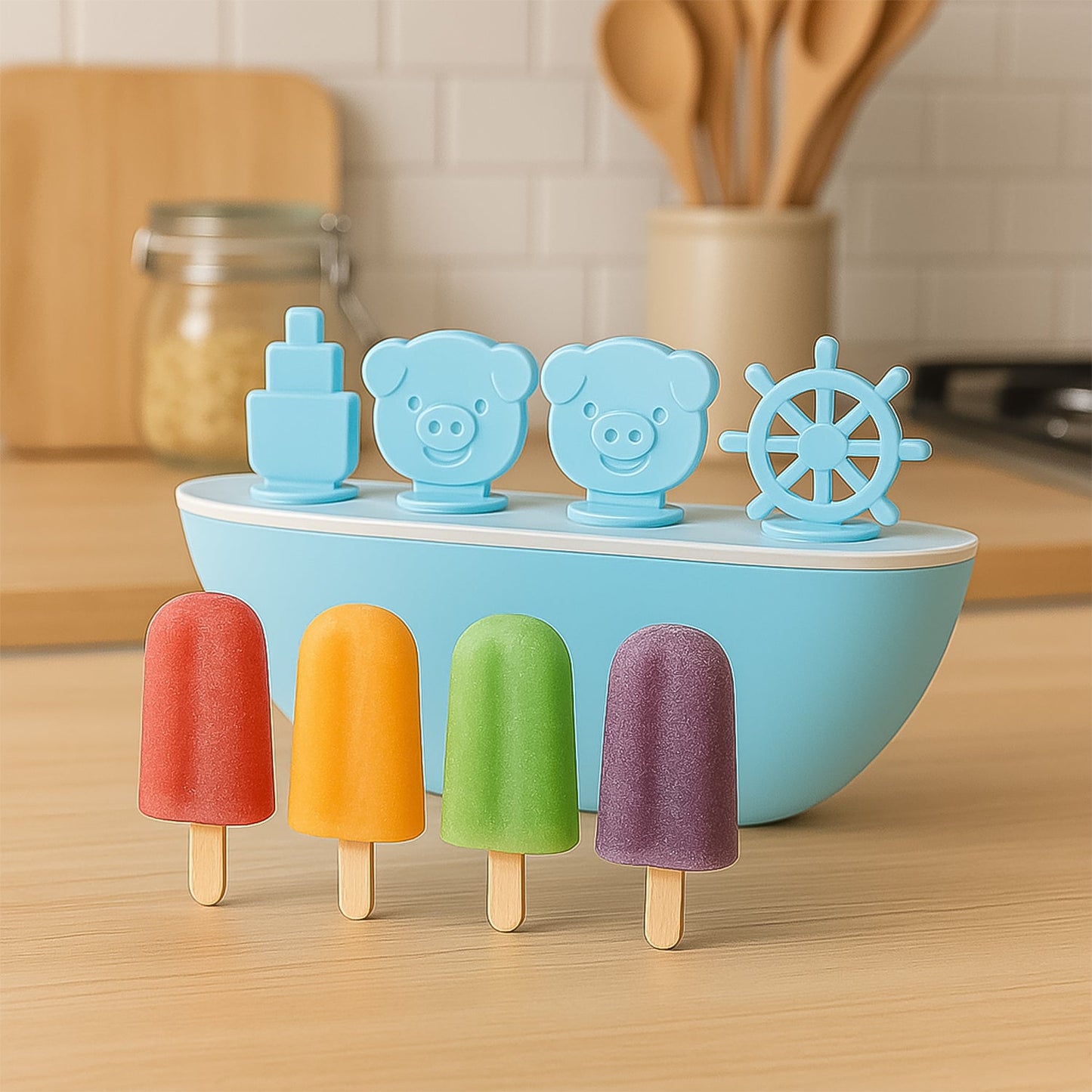 Gift-ready boat-shaped popsicle maker with four adorable cavities including piggy design