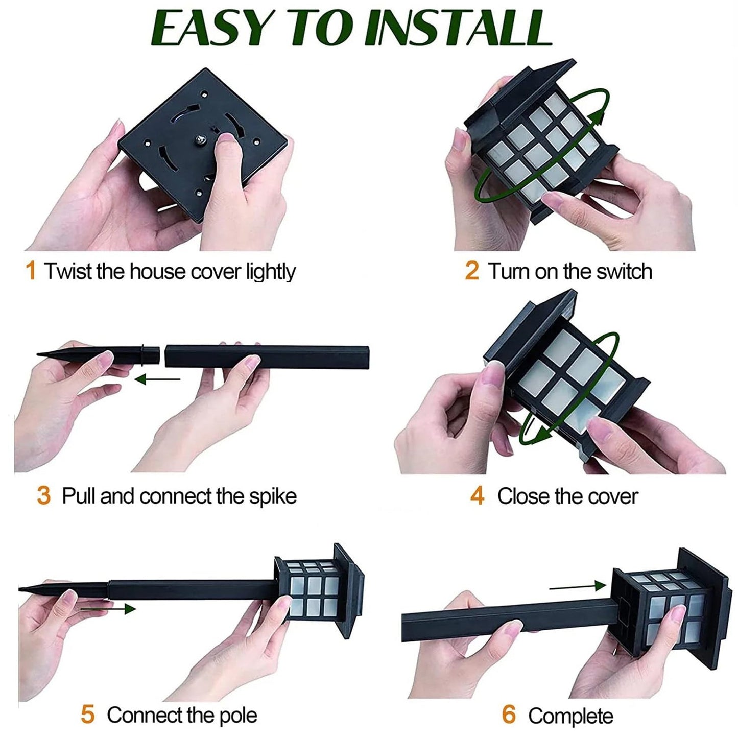 A person demonstrating the simple assembly of the solar garden light's stake and head.