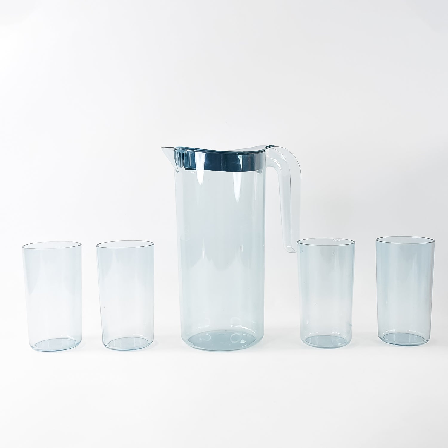 Daily use BPA-free plastic jug and 4 glass set showing clear, lightweight design