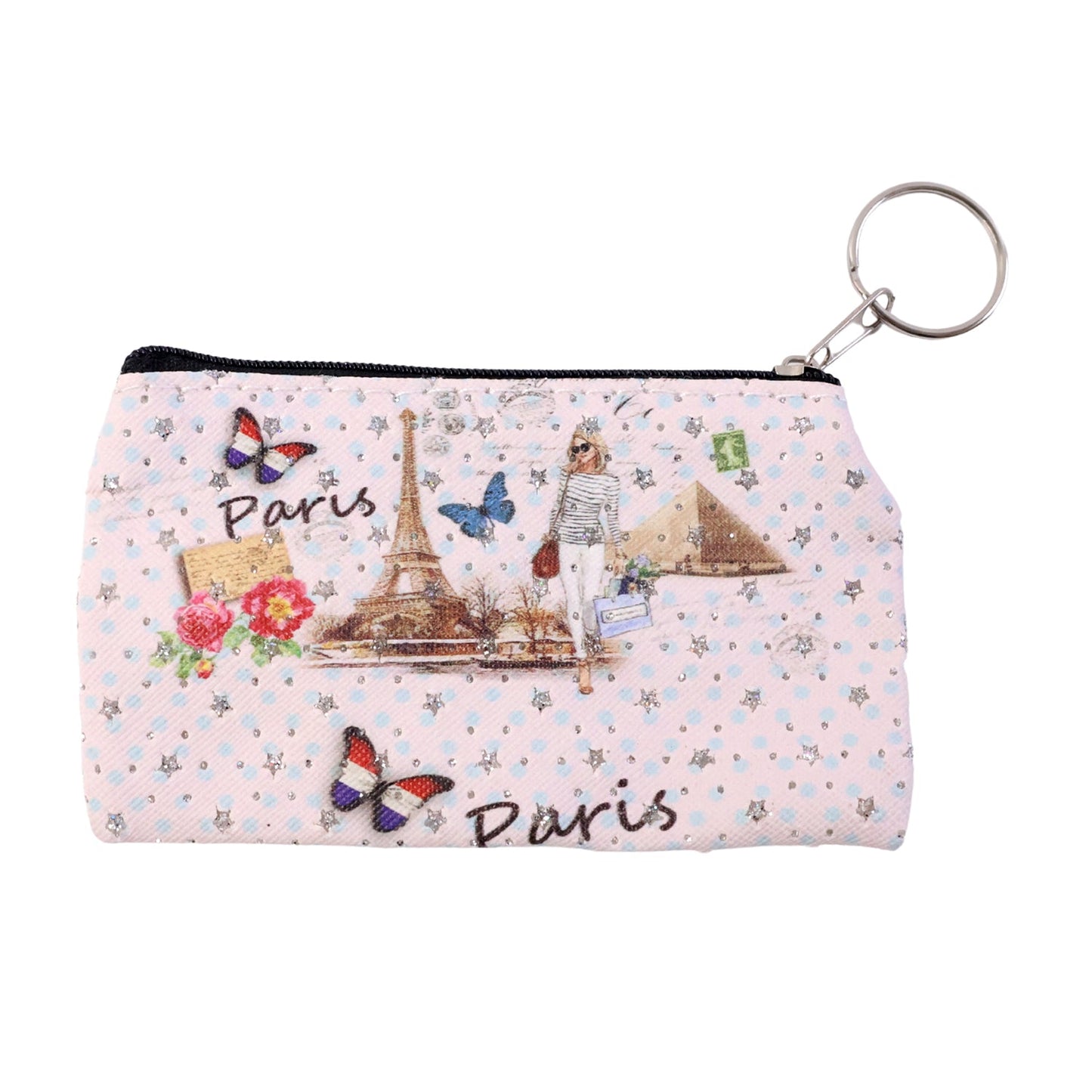 Close-up of a small Paris print zipper coin and stationery pouch