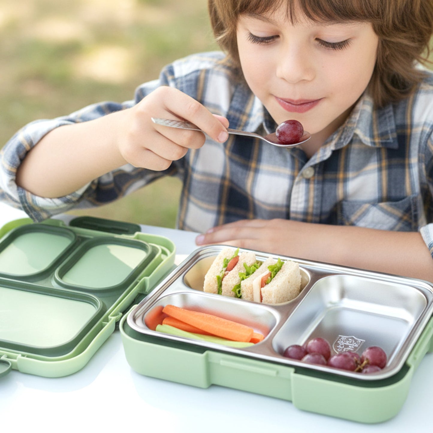 Fresca stainless steel 3 compartment lunch box showing compartments and secure lid